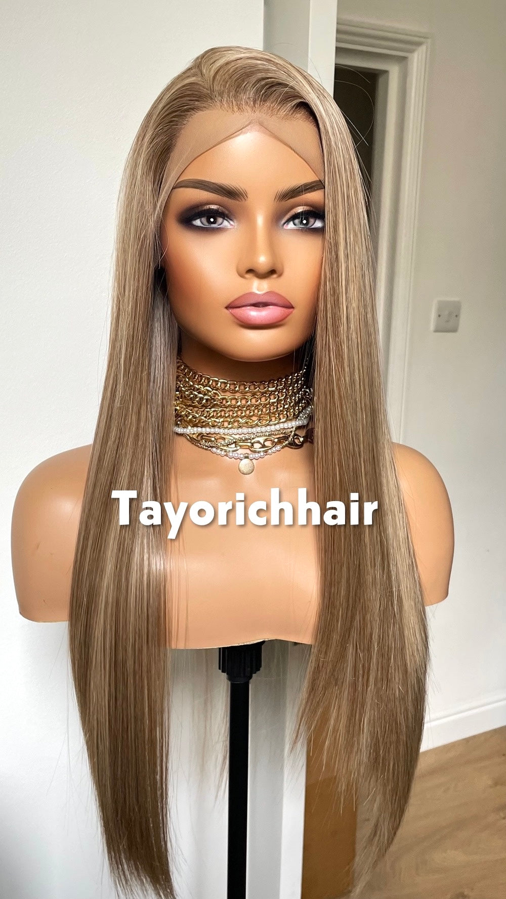 Long Elegant Mixed Dark And Natural Ash Blonde Hair Wig|Straight Blonde Heat Friendly Wig|Free Part Handtied Lace Front Wig|Natural Wigs