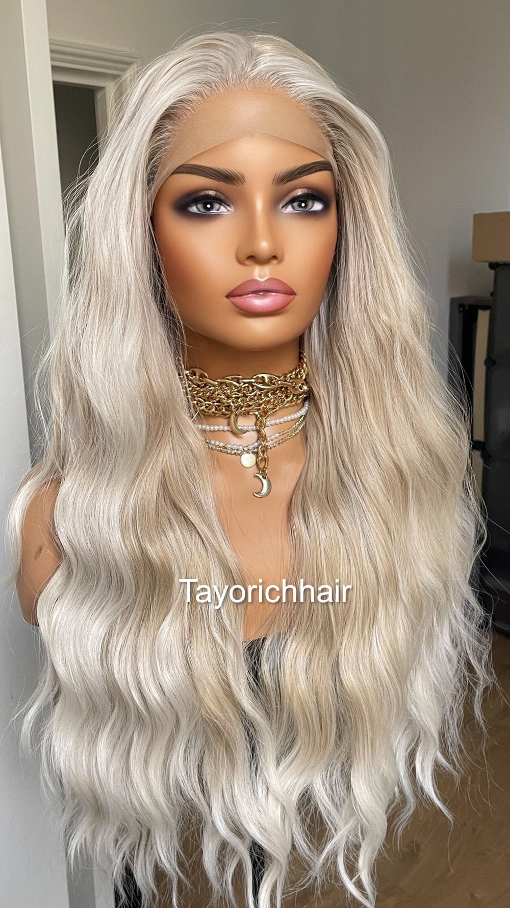 Pearl Blonde Lace Front Wig/Mixed Blonde Heat Safe Synthetic Wig/Ocean Wave Money Piece Lace Wig For Women