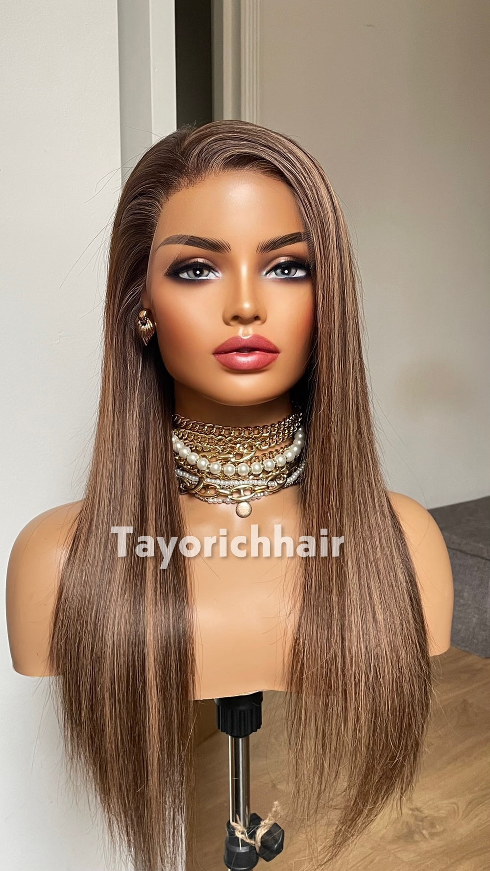 18-Inch Dark Brown & Blonde Human Hair Wig – 13x4 HD Lace Frontal