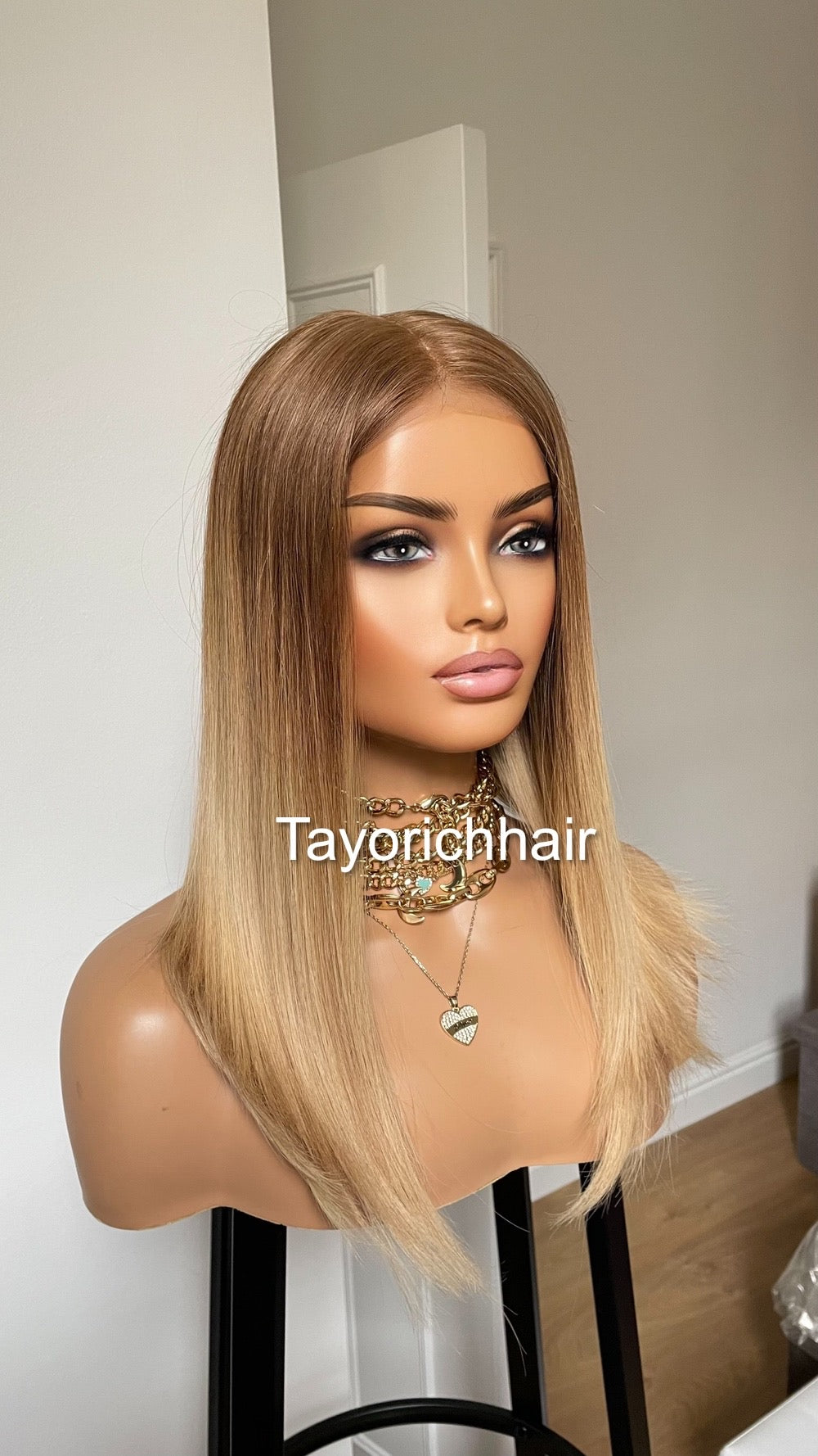Ombre Warm Blonde Lace Top Human Hair Wig•Europe Hair Wig•16 InchesLuxury Real Hair Wig•Cuticles Aligned Hair With Tiny Knots Straight Hair