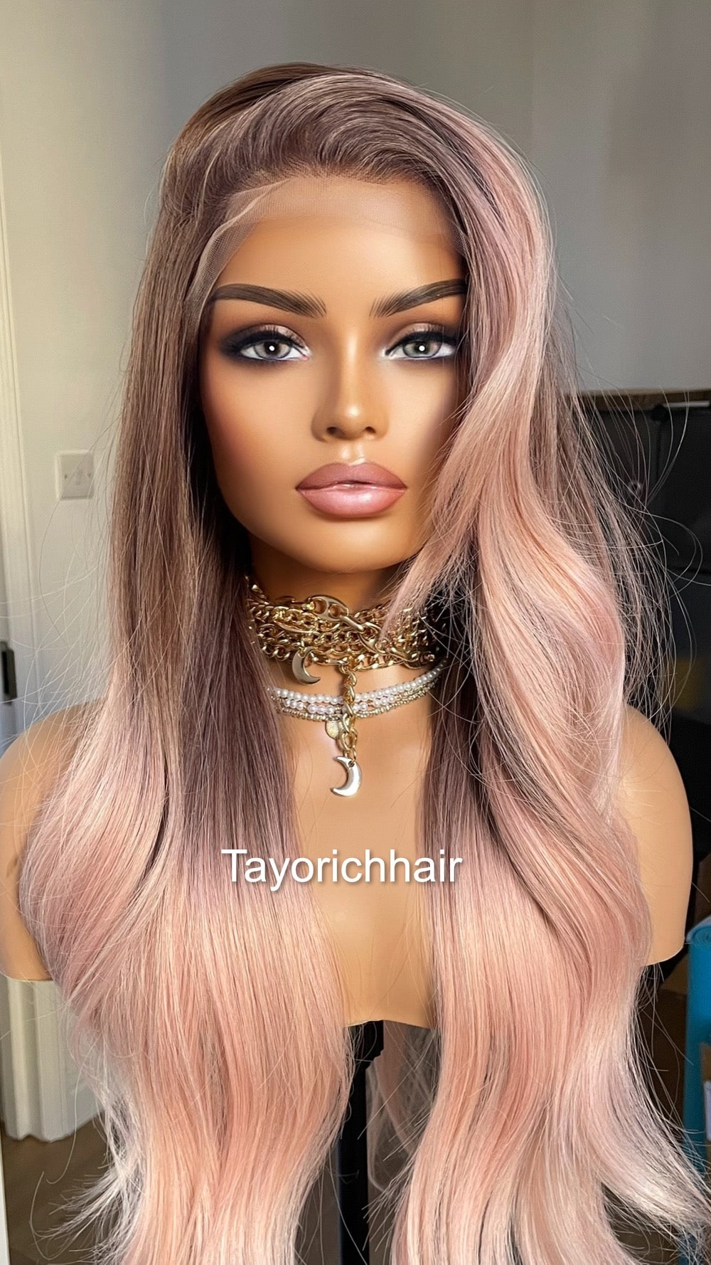 Ombre Baby Pink Lace Frontal Wig With Dark Brown Roots/ 13 by 6 Wide Lace Frontal/Pink Synthetic Wig/ Pink Wavy Hair wig By Tayorichhair