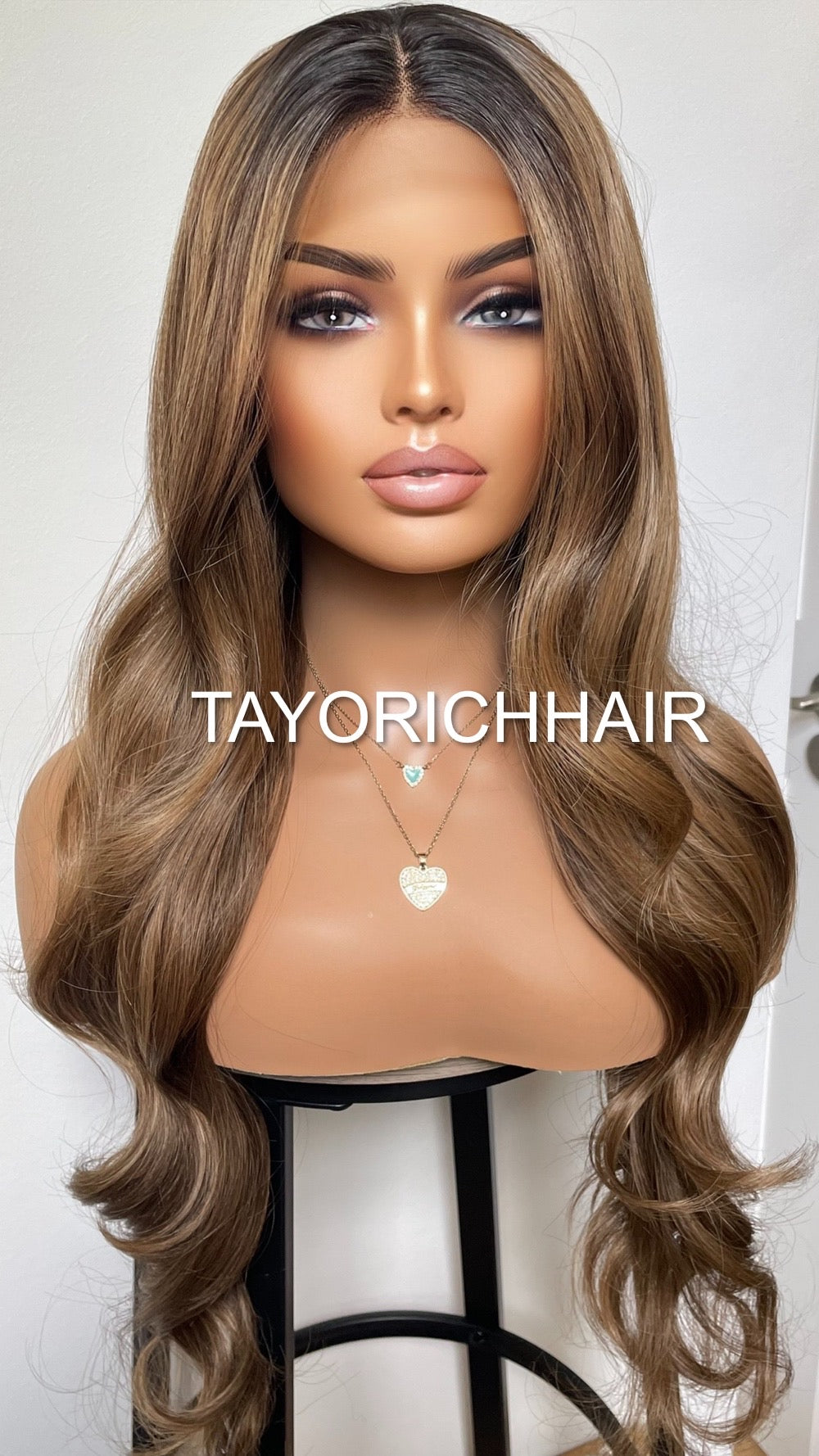 Balayage Mixed Bronzy Blonde Heat Safe Lace Front Synthetic Wig/ Dark Roots/ Long Bouncy Wavy Hair/ Average Cap Size/ Wigs For Women Hair