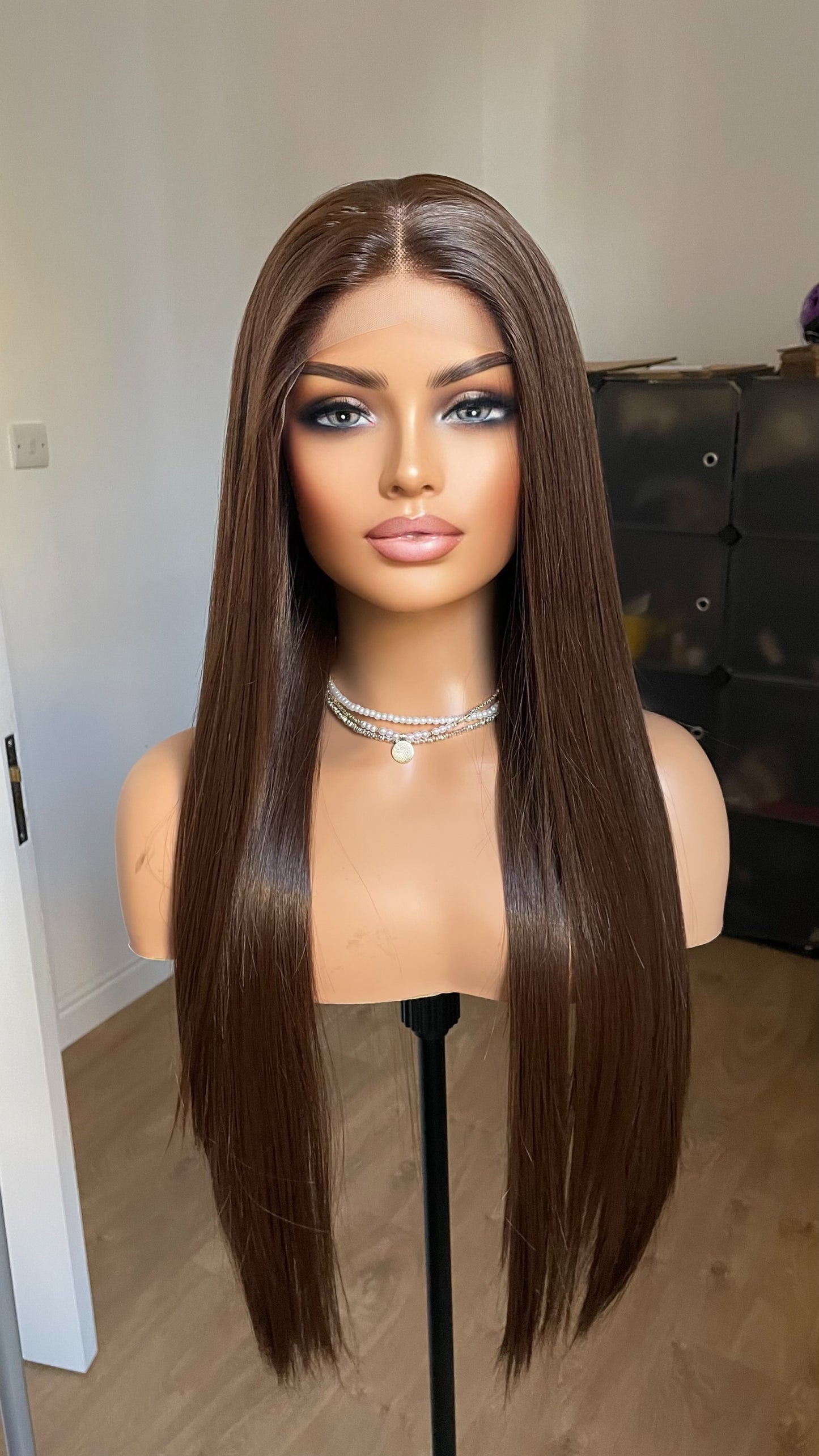 Dark Brunette Brown Lace Front Straight Wig For Women Natural Looking 13x3 Lace Front Wig With Realistic Hair Line Heat Friendly Synthetic