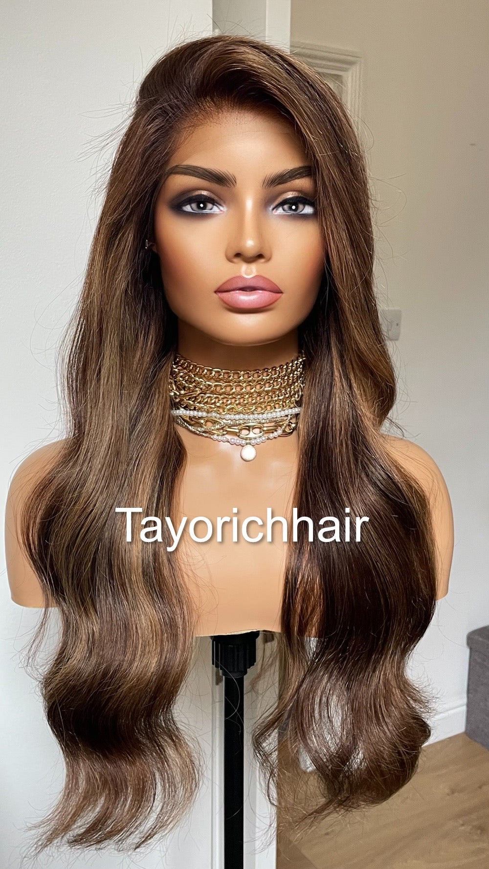 Brown Human Hair 13x4 Lace Frontal Wig With Blonde Highlights-22 Inches Wavy Hair Wig By Tayorichhair