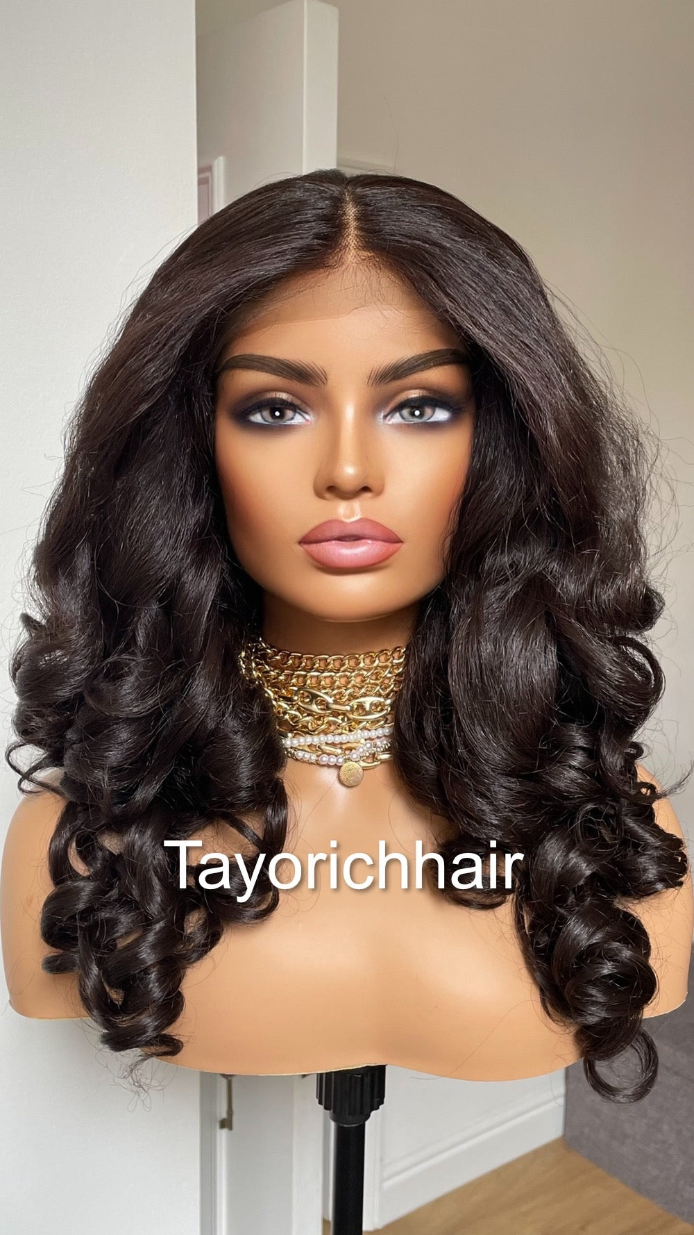 Brownish Black Bouncy Curly Hair Lace Frontal Wig/Heat Friendly Synthetic Wigs For Women/Full Big Bouncy Yaki Hair Wig By Tayorichhair
