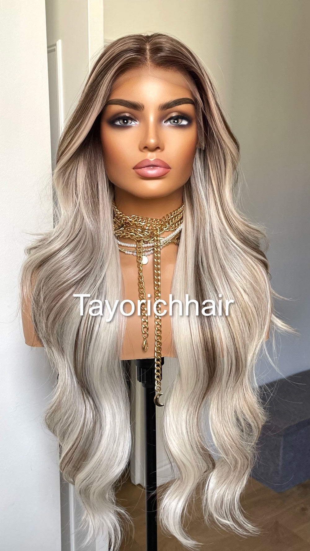 Blonde And Brown Mix Lace Wig/Heat Friendly Synthetic Wigs For Women/Platinum Blonde And Dark Brown Wavy Long Hair Wig By Tayorichhair