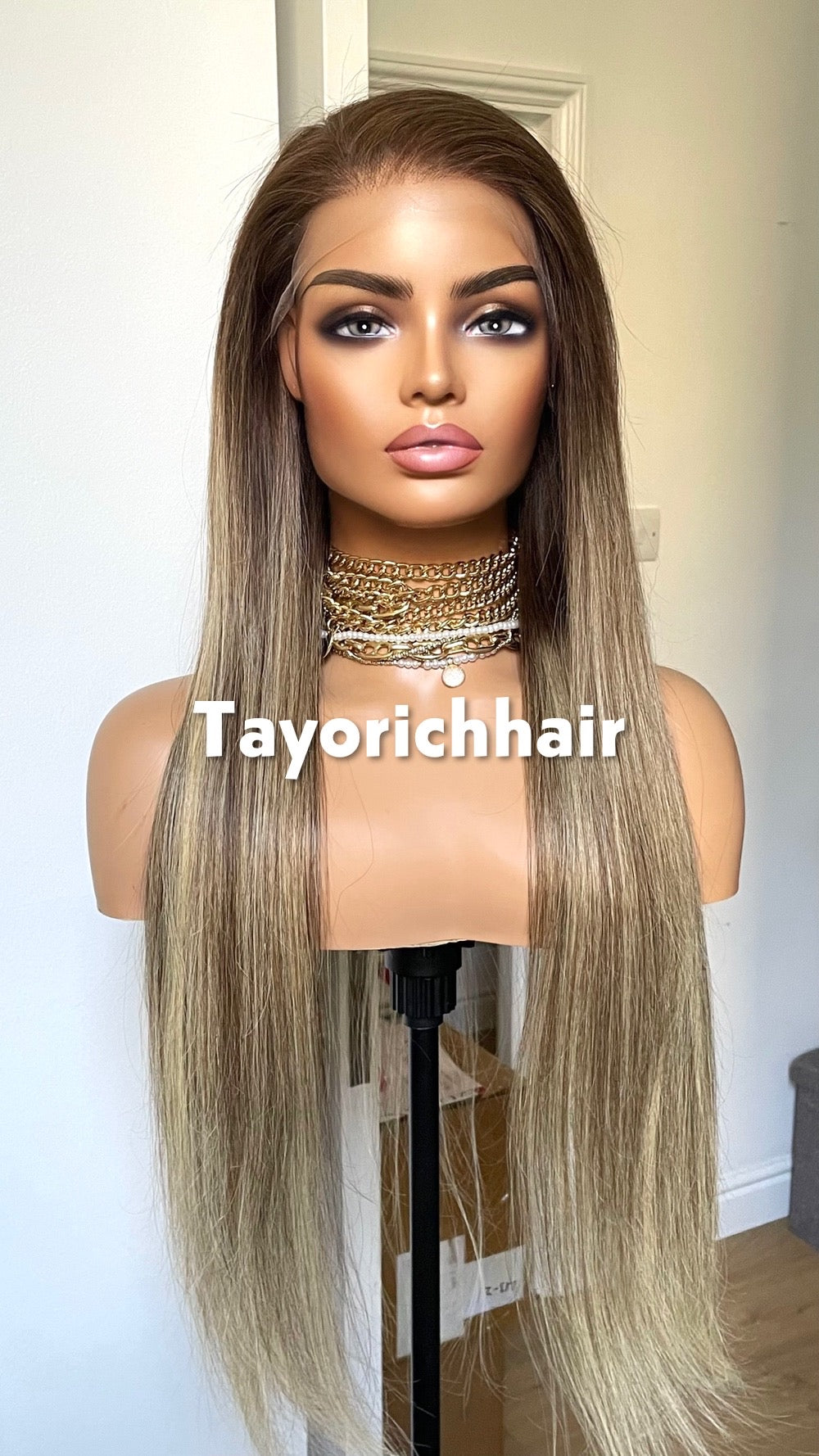 Ombre Balayage Brazilian Human Hair Wig•13x4 HD Lace Wig•Dark Brown Roots 26 Inches Long Straight Hair Wig•Ready To Ship Wig For Hairloss