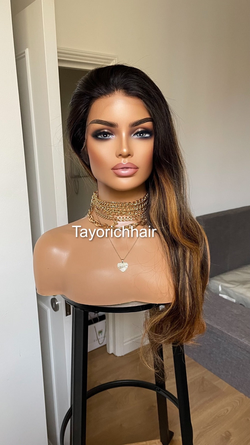 Ombre Black Real Human Hair With Warm Golden Blonde Highlights/ 24 inches Human Hair Lace Wig