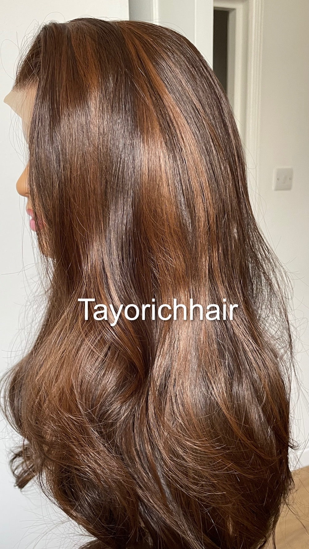Dark Brown Bouncy Wavy Lace Frontal Wig With Light Brown Highlights-Free Part Heat Friendly Wigs For Women-Tayorichhair Wigs