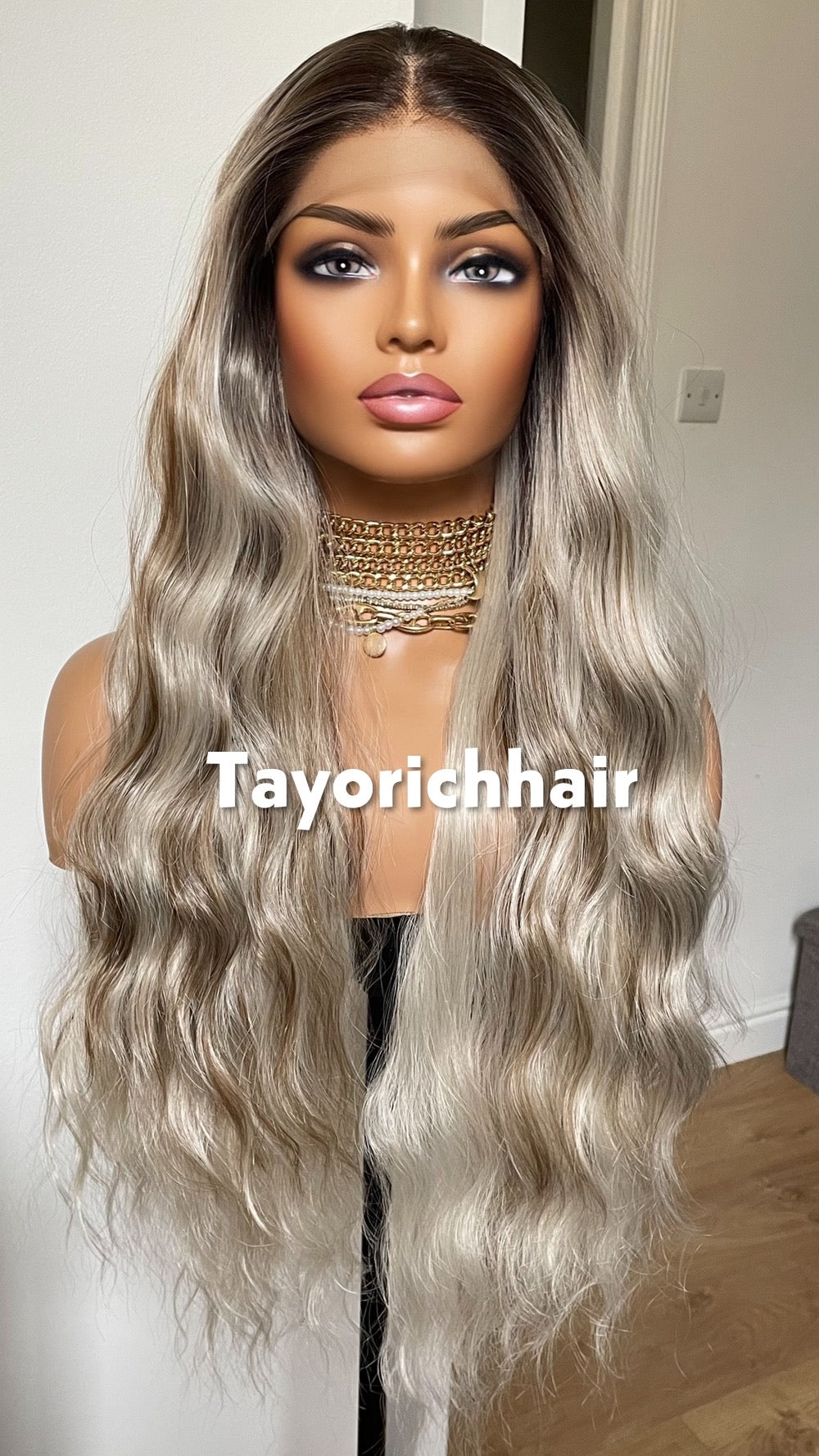 Ombre Platinum Blonde Wig: Long Wavy Synthetic Lace Front Wig