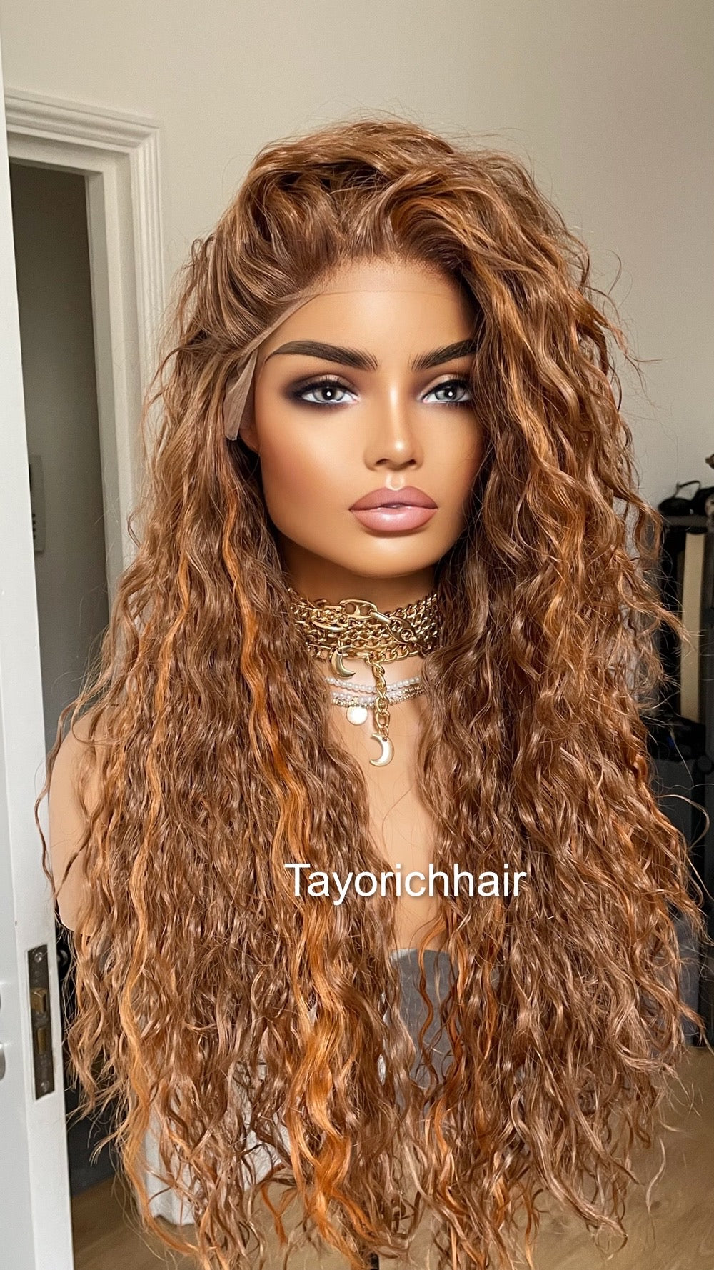 Auburn Red Curly Lace Front Wig With Red Ginger Highlights / Free Part Curly Light Weight Big Hair Wig/ Loose Curly Auburn Reddish Brown Wig