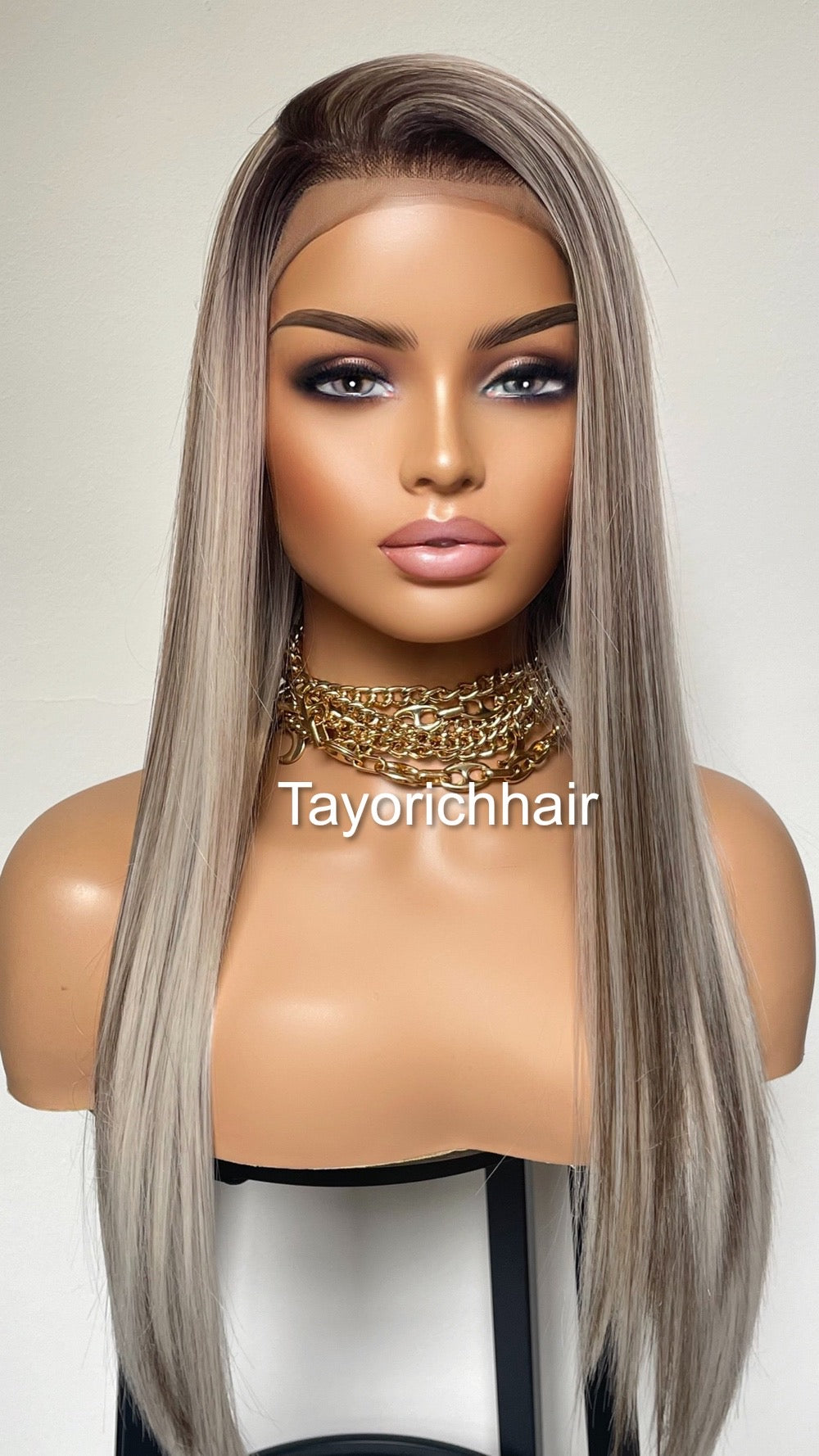 Balayage Ombré Lace Front Wig/ 13x3 Lace Front/ Ash White With Dark Brown Mixed/ Long Straigh Heat Safe Synthetic Wig/ Medium Large Cap Size