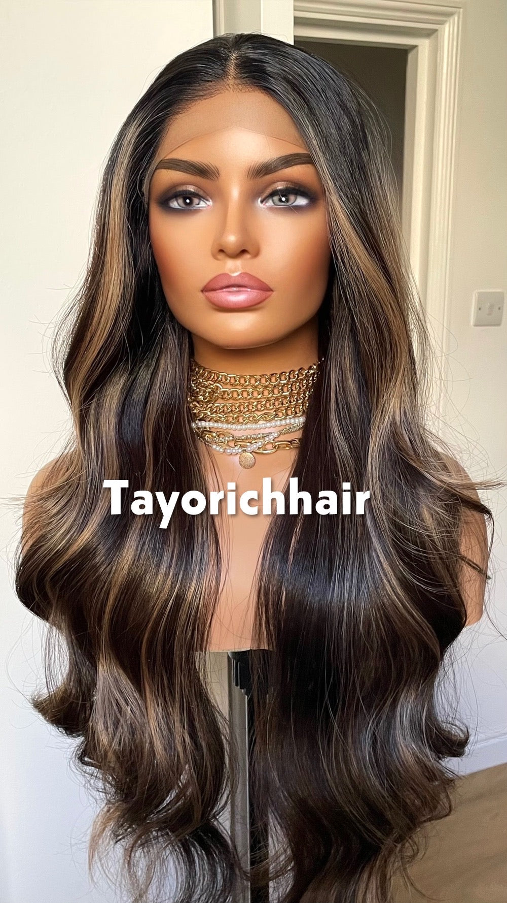 Money Piece Highlights: Dark Brown Wig With Dark Roots, 13by3 Lace Frontal