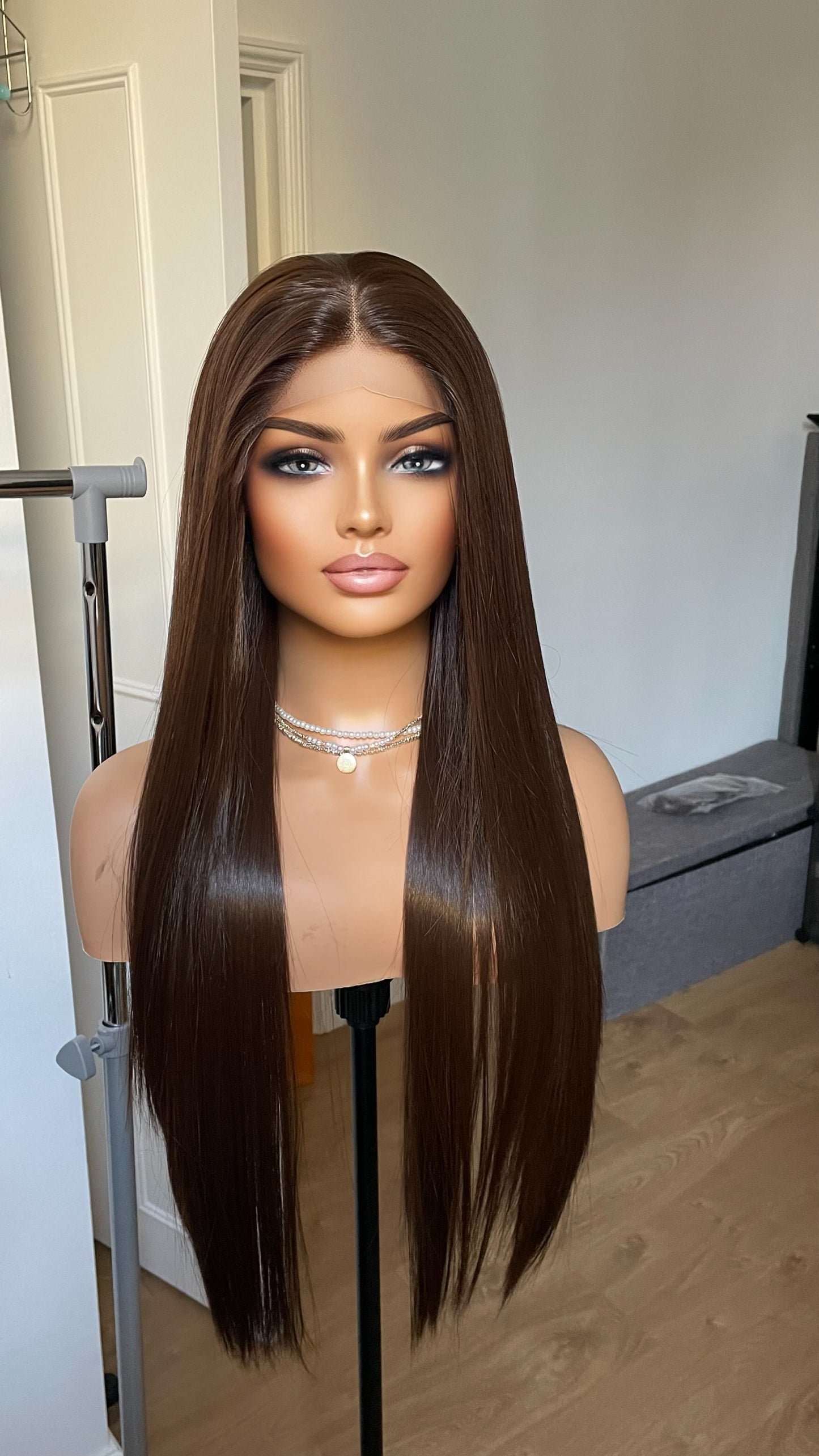 Dark Brunette Brown Lace Front Straight Wig For Women Natural Looking 13x3 Lace Front Wig With Realistic Hair Line Heat Friendly Synthetic