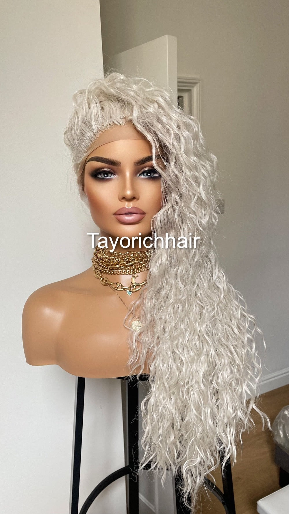 Curly Hair Lace Front Wig/Platinum White Synthetic Wig/Wigs For Small Heads/Light Weight Wig/Preplucked Realistic Hairline/White Blonde Wigs