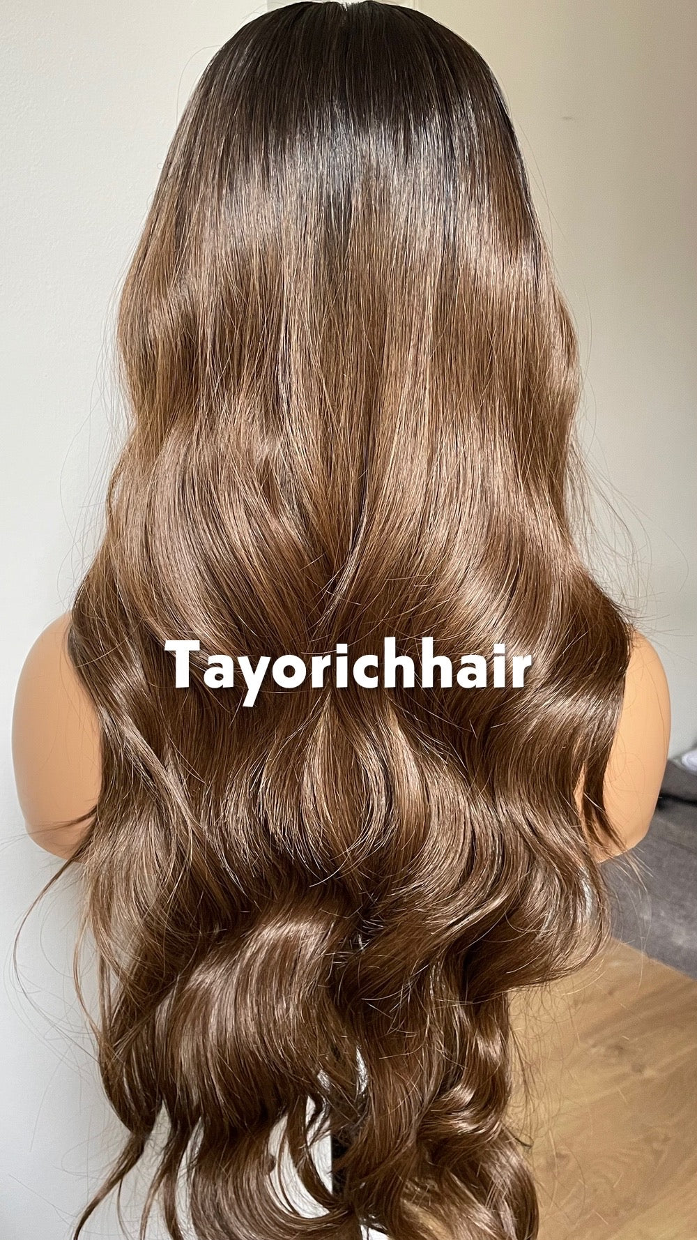 Ash Brown Synthetic Wig; Black Roots.