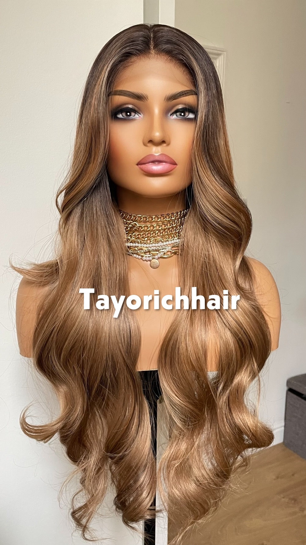 Caroline; Caramel Brown Lace Frontal Wig With Dark Roots & Lowlights