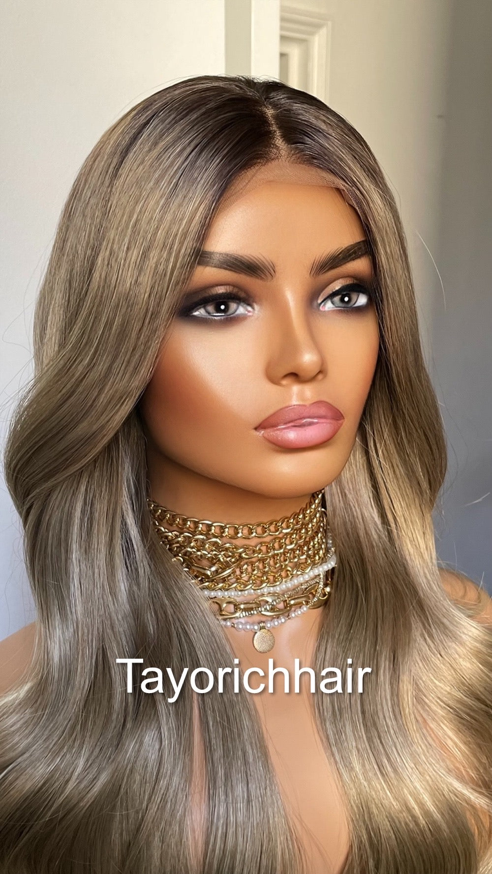 Dark Ash Blonde Synthetic Wig With Dark Roots/24 Inches Wavy Hair Lace Frontal Wig By Tayorichhair.