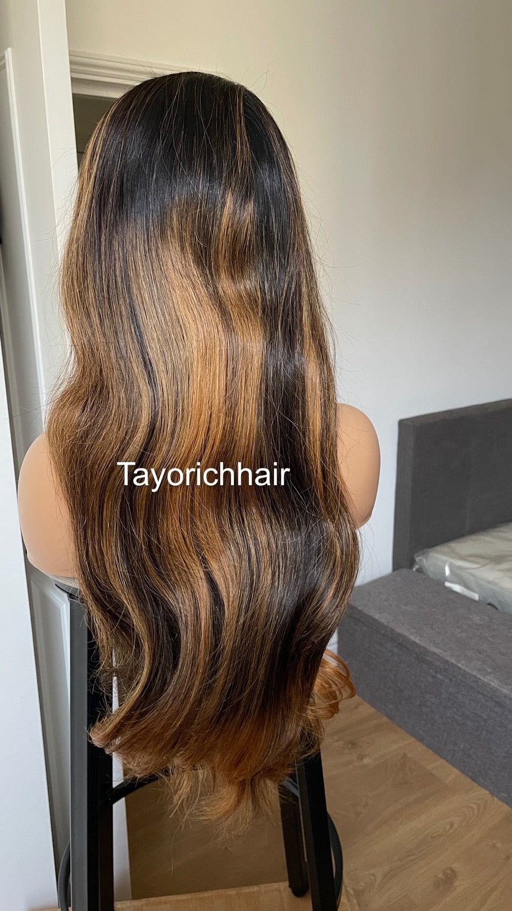 Ombre Black Real Human Hair With Warm Golden Blonde Highlights/ 24 inches Human Hair Lace Wig