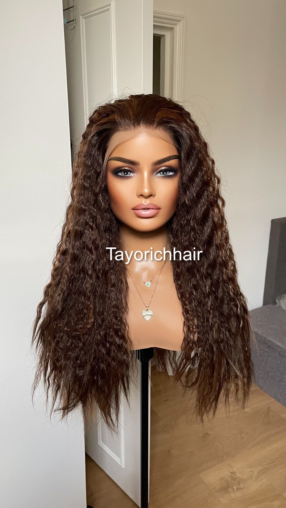 Dark Brown Curly Hair Wig With Highlights/ Loose Exotic Curls Big Hair Synthetic Wig/ Brunette Wigs For Women/ Free Part Lace Wig