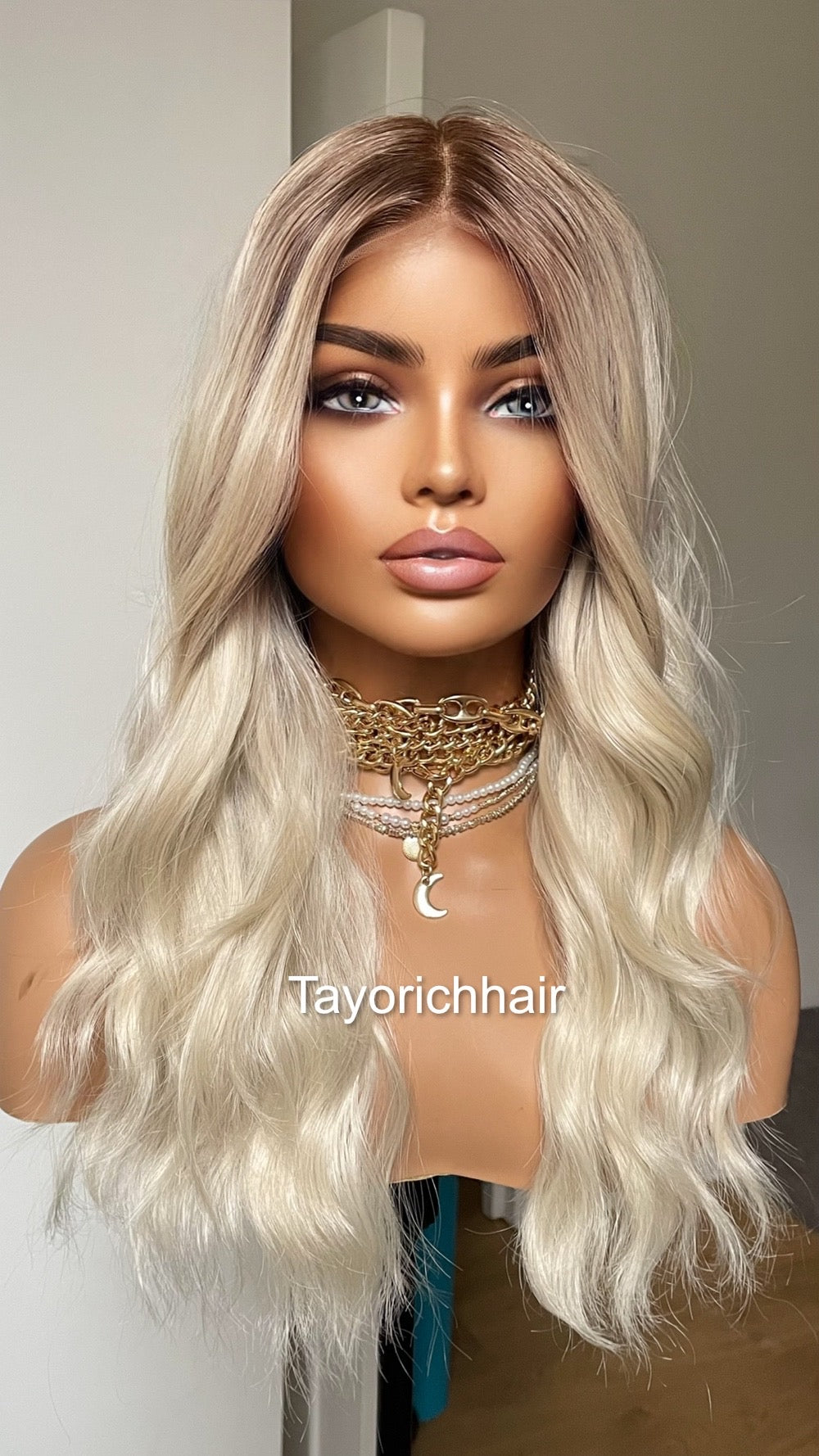 Platinum Blonde Lace Frontal Wig: 16" Loose Waves with Dark Roots