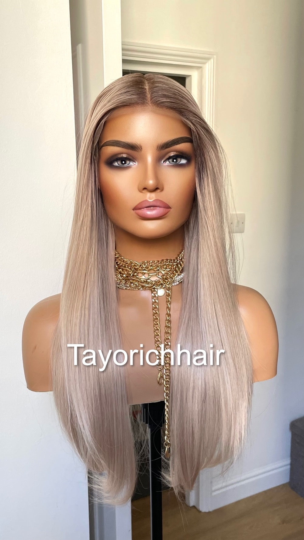Pearl Blonde Straight Hair Lace Frontal Wig With Dark Roots/ 13 By 6 Lace Wig For Women/ 20 Inches Straight Wig By Tayorichhair