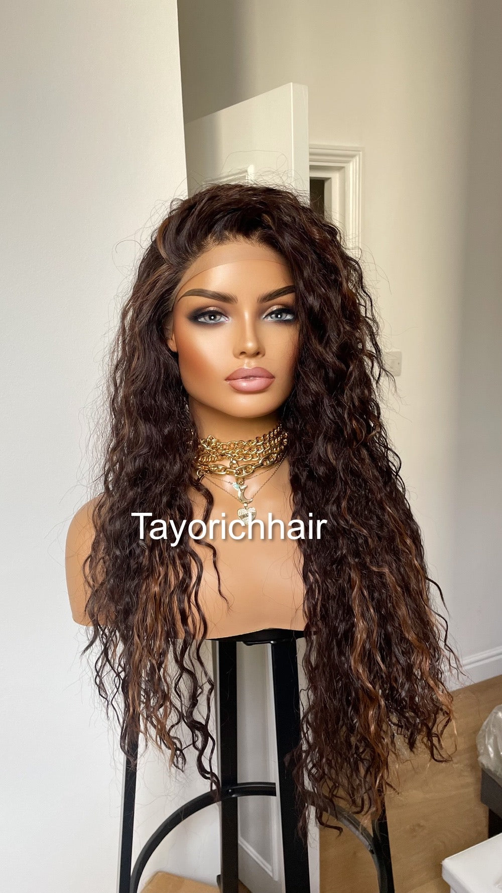 Brunette Dark Brown Curly Synthetic Wig With Highlights
