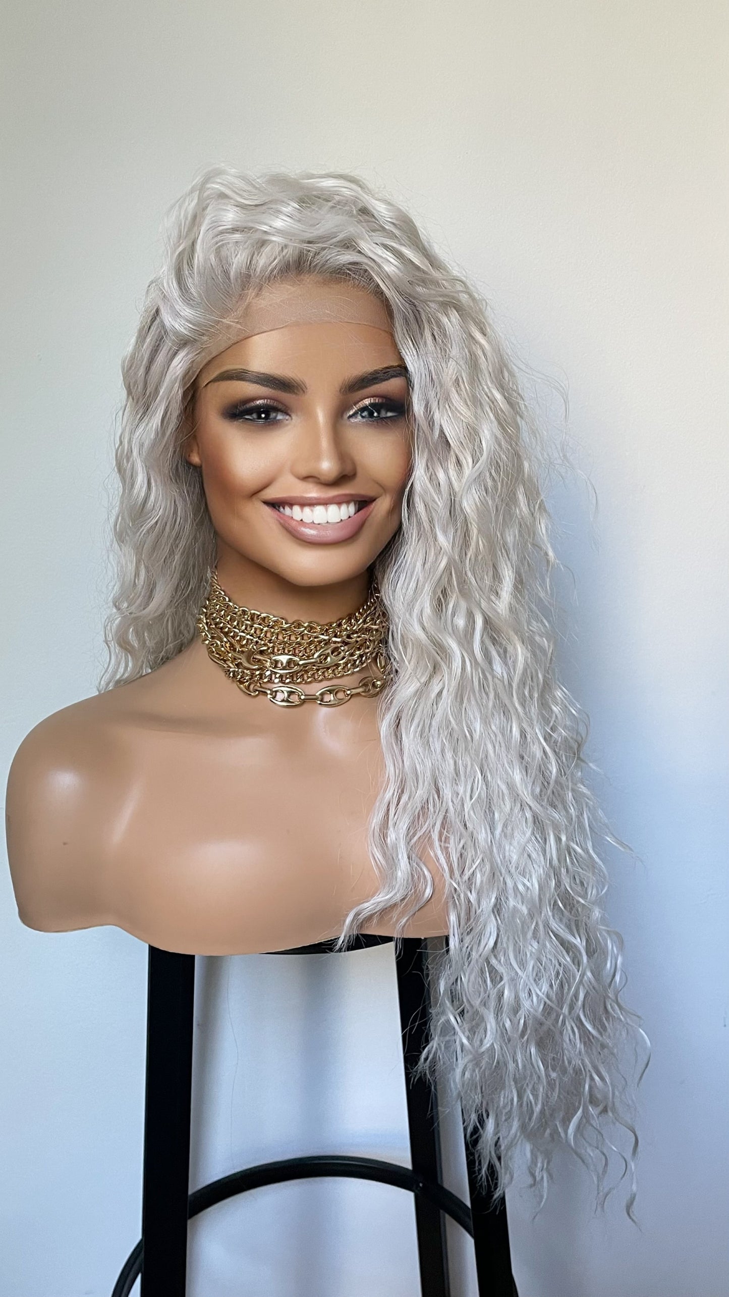 Curly Hair Lace Front Wig/Platinum White Synthetic Wig/Wigs For Small Heads/Light Weight Wig/Preplucked Realistic Hairline/White Blonde Wigs
