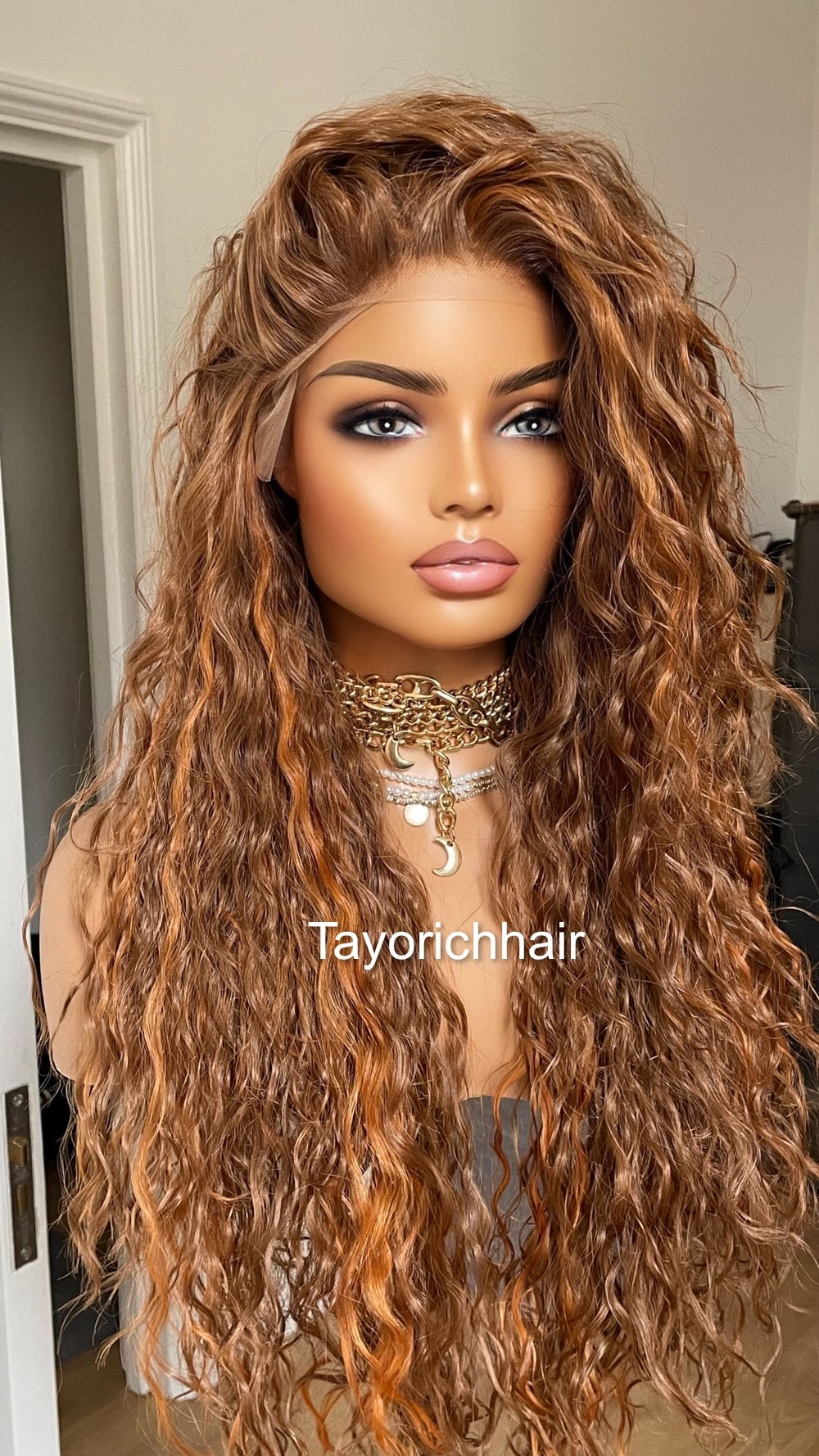 Auburn Red Curly Lace Front Wig With Red Ginger Highlights / Free Part Curly Light Weight Big Hair Wig/ Loose Curly Auburn Reddish Brown Wig