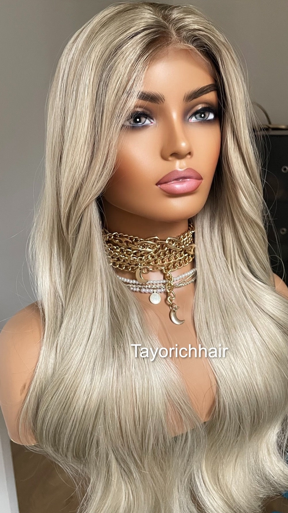 Platinum Blonde Lace Frontal Wig With Dark Ash Roots/Rooted Blonde Heat Friendly Synthetic Wig/ Blonde Bouncy Wavy Wig By Tayorichhair