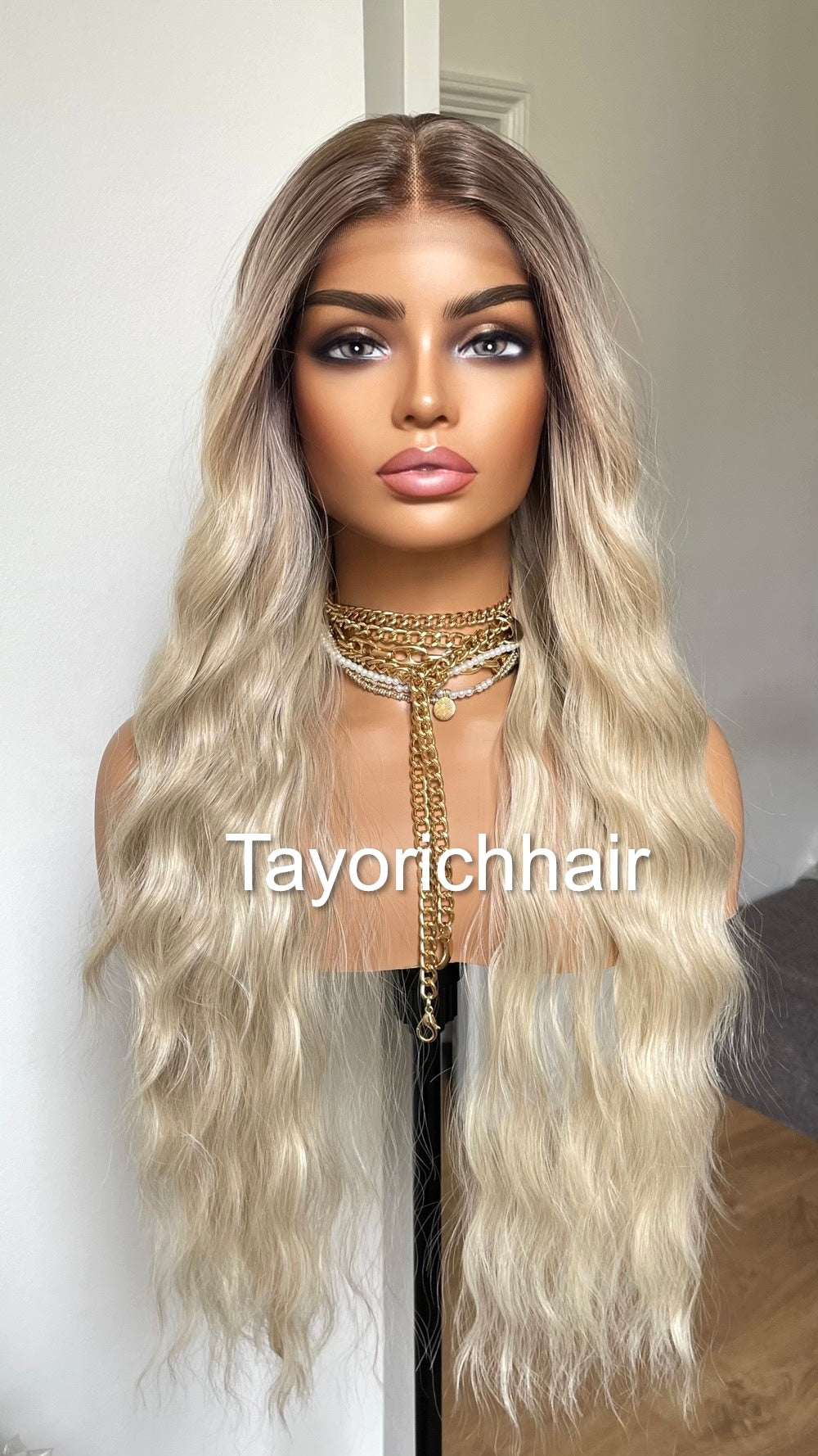Sun Kissed Platinum Blonde Lace Wig With Dark Roots/13 By 6 Wide Lace Heat Safe Synthetic Wig/Beach Waves Blonde Hair Wig By Tayorichhair