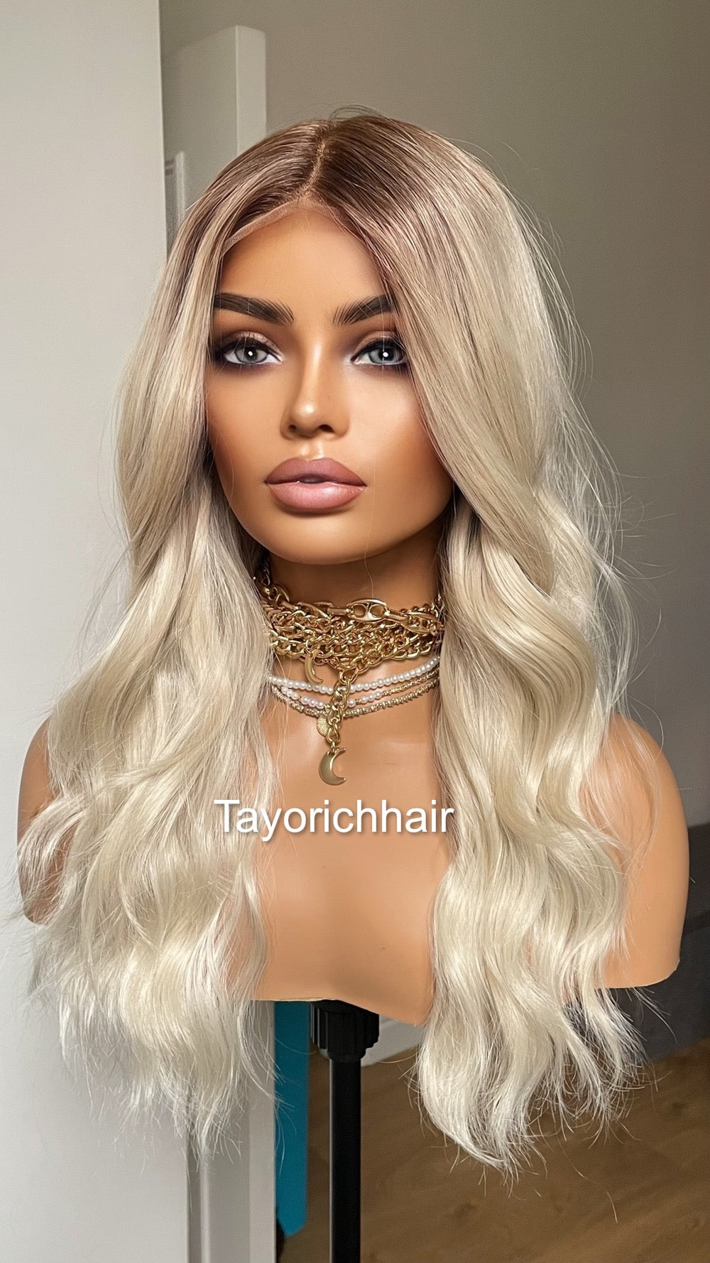 Platinum Blonde Lace Frontal Wig: 16" Loose Waves with Dark Roots