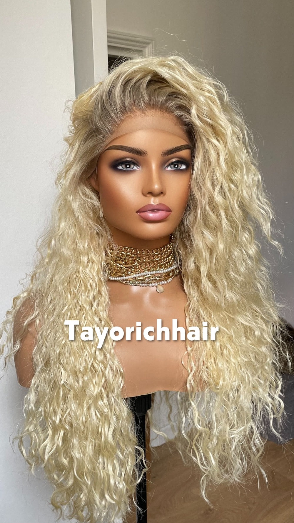 Bleach Blonde Exotic Curly Wig With Dark Roots- Shakira Curly Hair Lace Frontal Wig- Heat Friendly Curly Light Weight Wig By Tayorichhair
