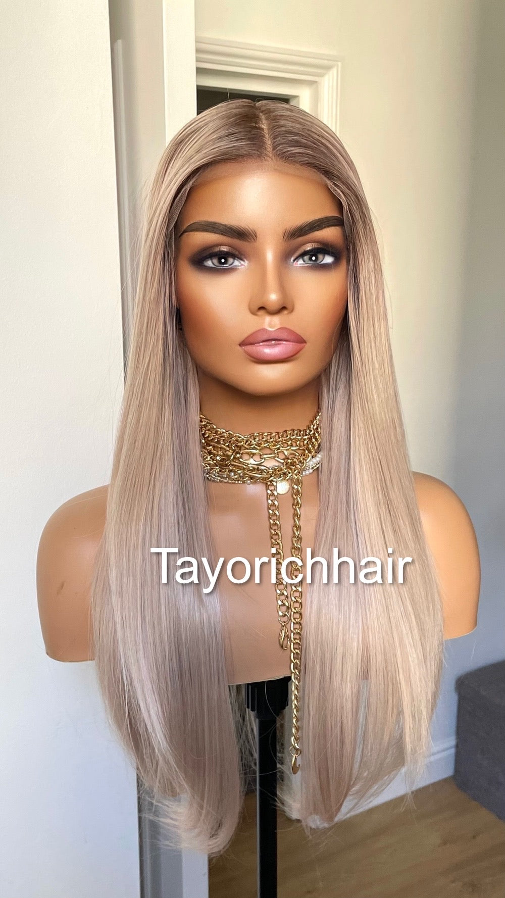 Pearl Blonde Straight Hair Lace Frontal Wig With Dark Roots/ 13 By 6 Lace Wig For Women/ 20 Inches Straight Wig By Tayorichhair