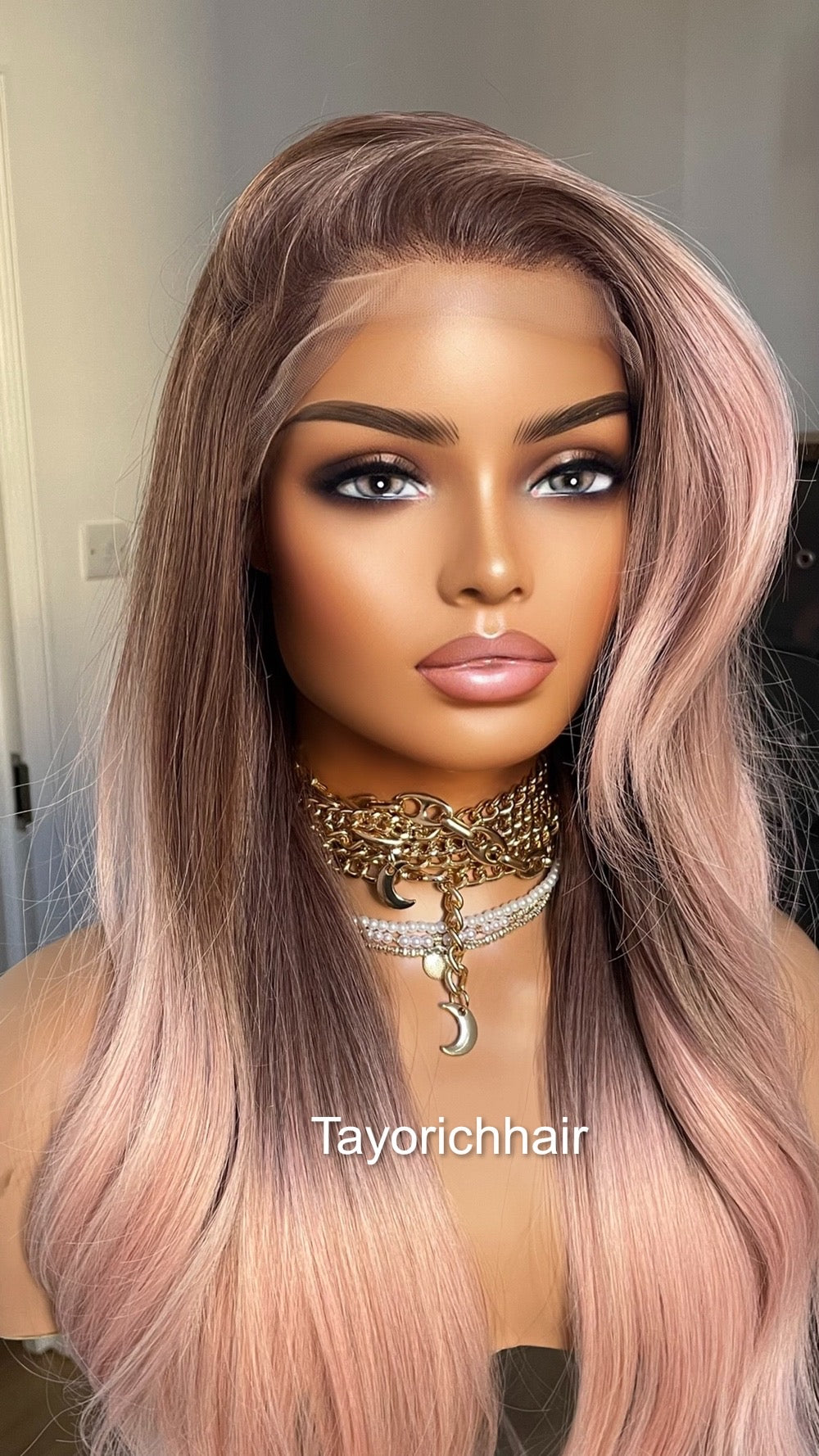 Ombre Baby Pink Lace Frontal Wig With Dark Brown Roots/ 13 by 6 Wide Lace Frontal/Pink Synthetic Wig/ Pink Wavy Hair wig By Tayorichhair