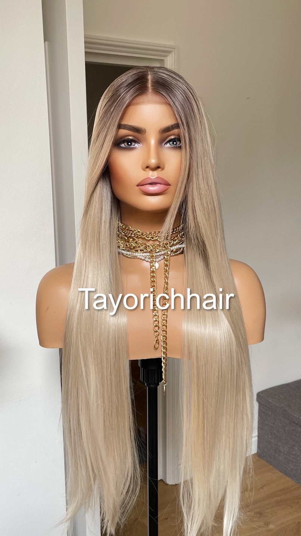 Rooted Pearl Blonde Heat Friendly Synthetic Lace Frontal Wig With 13 By 6 Wide Lace/ Straight Blonde Hair Wig Fror Women/Tayorichhair Wigs