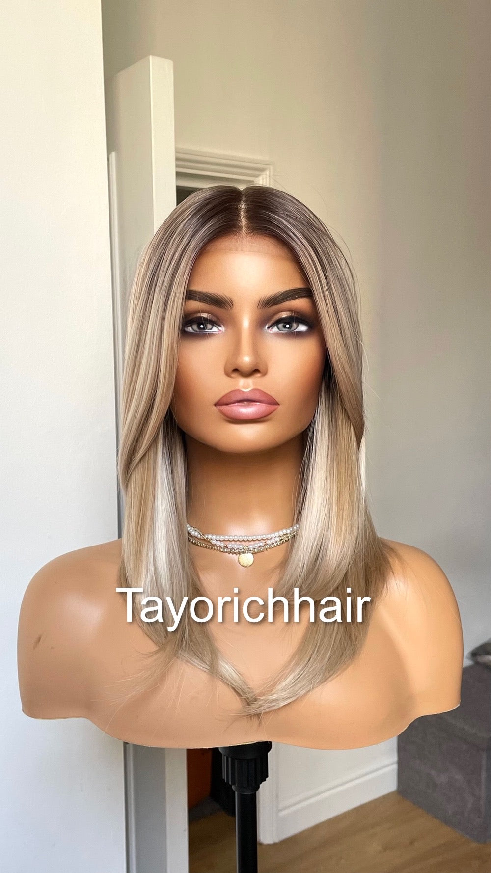 Mixed Blonde Short Hair Wig With Dark Roots/ 12 Inches Mixed Blonde Lace Frontal Wig With Middle Part/ 13 By 6 Wide Lace wig By Tayorichhair