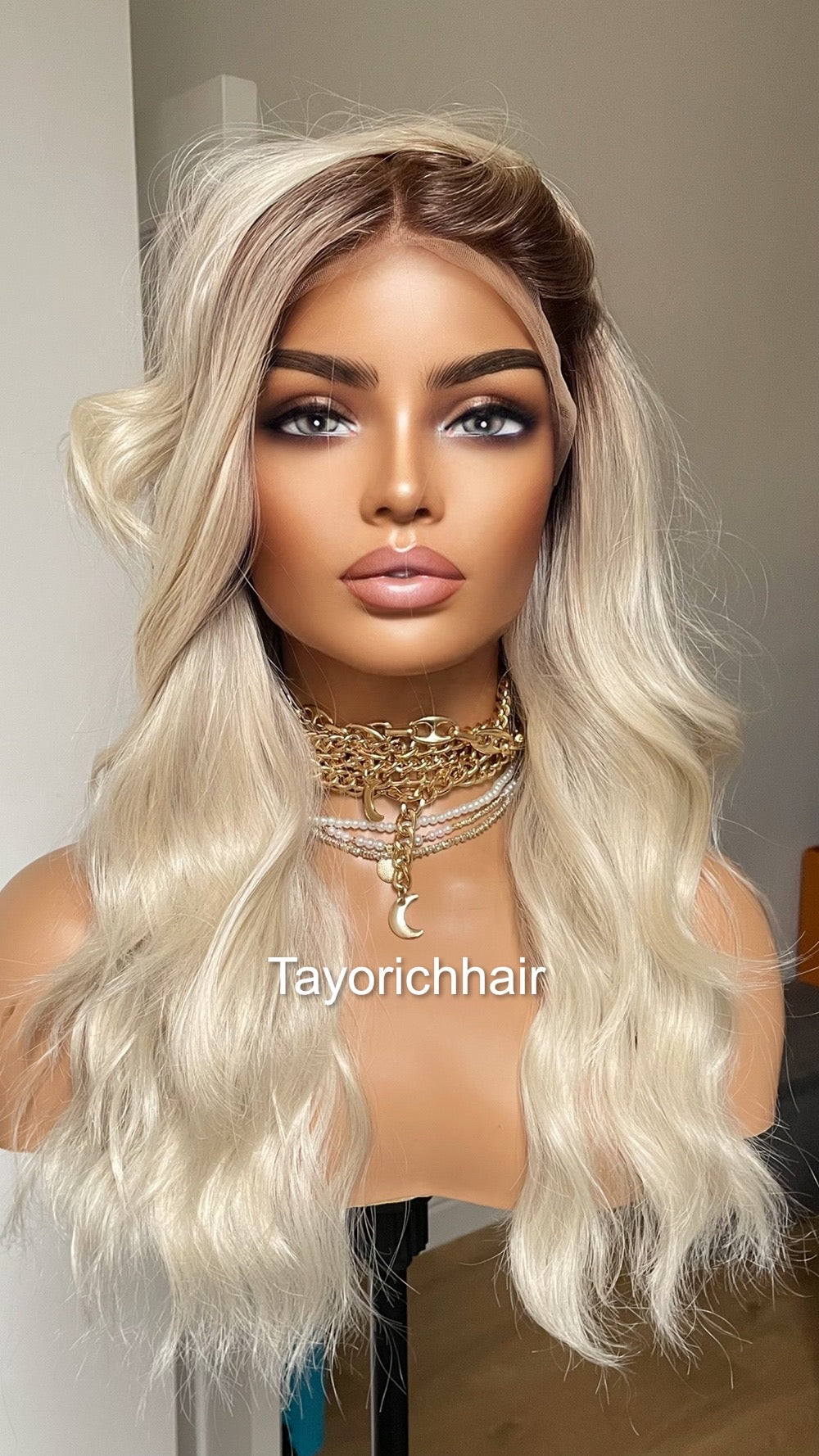 Platinum Blonde Lace Frontal Wig: 16" Loose Waves with Dark Roots