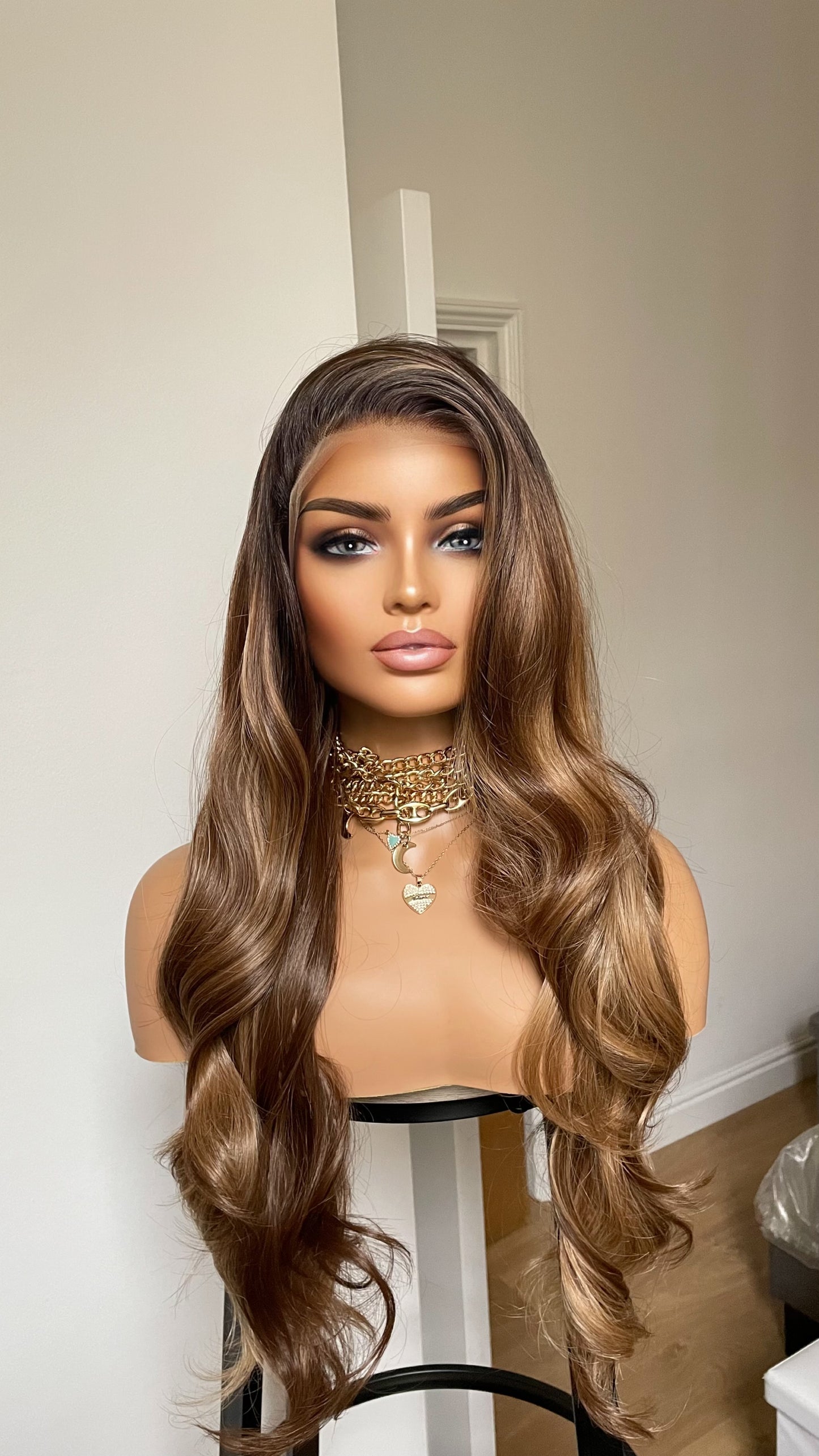 Heat Safe Synthetic Lace Front Wig With Black Roots and Bronzy Blonde Highlights/ 24 Inches Bouncy Wavy Wig For Women/ Realistic Lace Wig