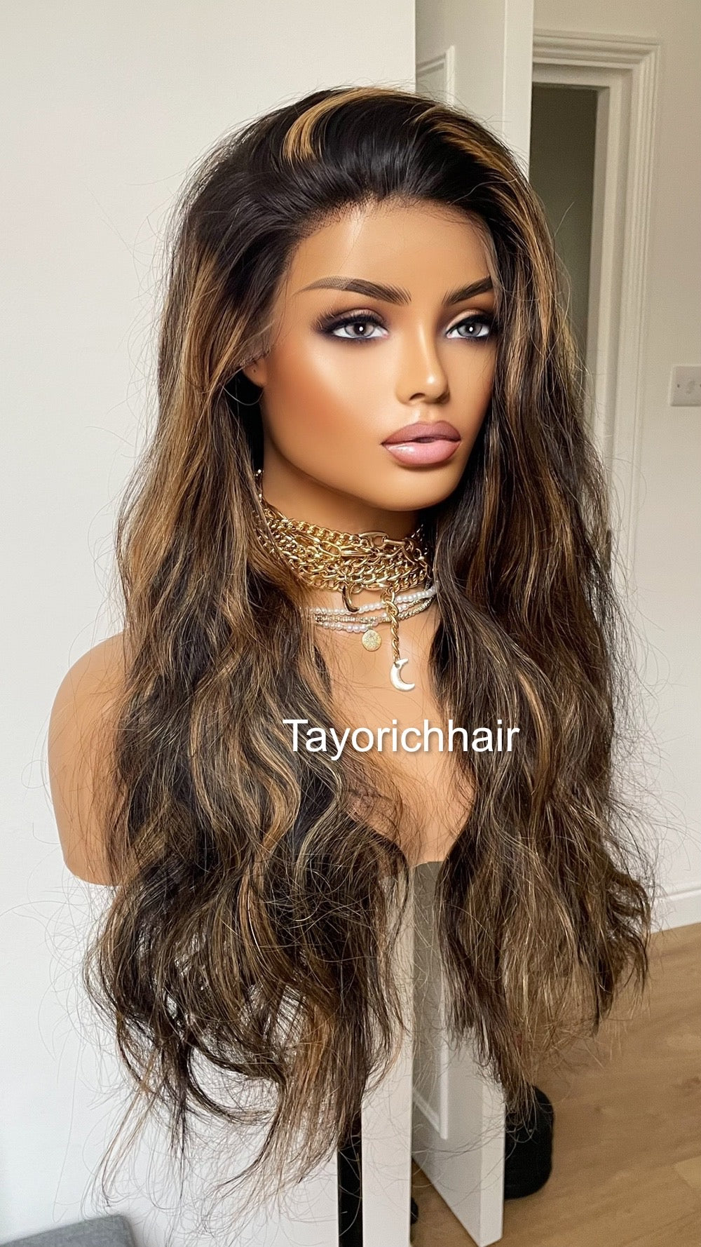 Black Wavy Human Hair Lace Frontal Wig With Blonde Highlights/ HD Lace Wig/ Real Human Hair Wig In 24 Inches/ Tayorichhair Human Hair Wig