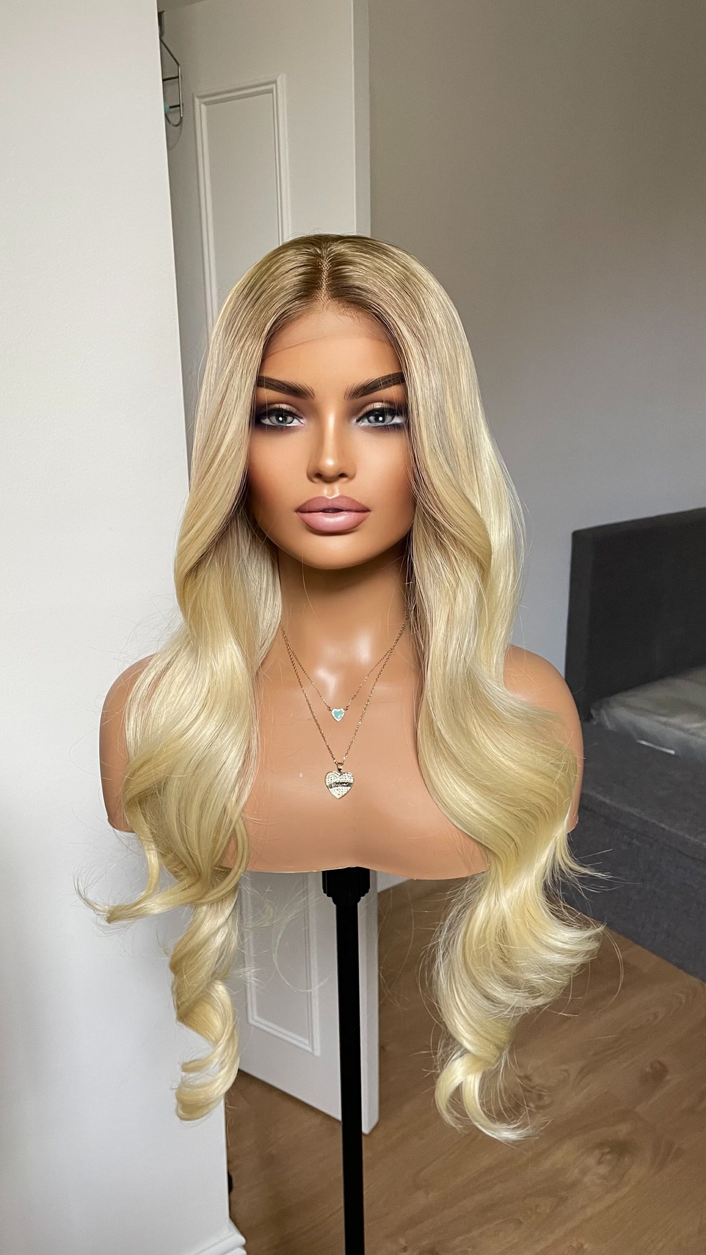 Light Golden Blonde Lace Front Wig With Dark Roots/ 13x3 Lace Front/ Heat Safe Sythetic Lush Wavy Lace Wig For Women/ Gift For Her