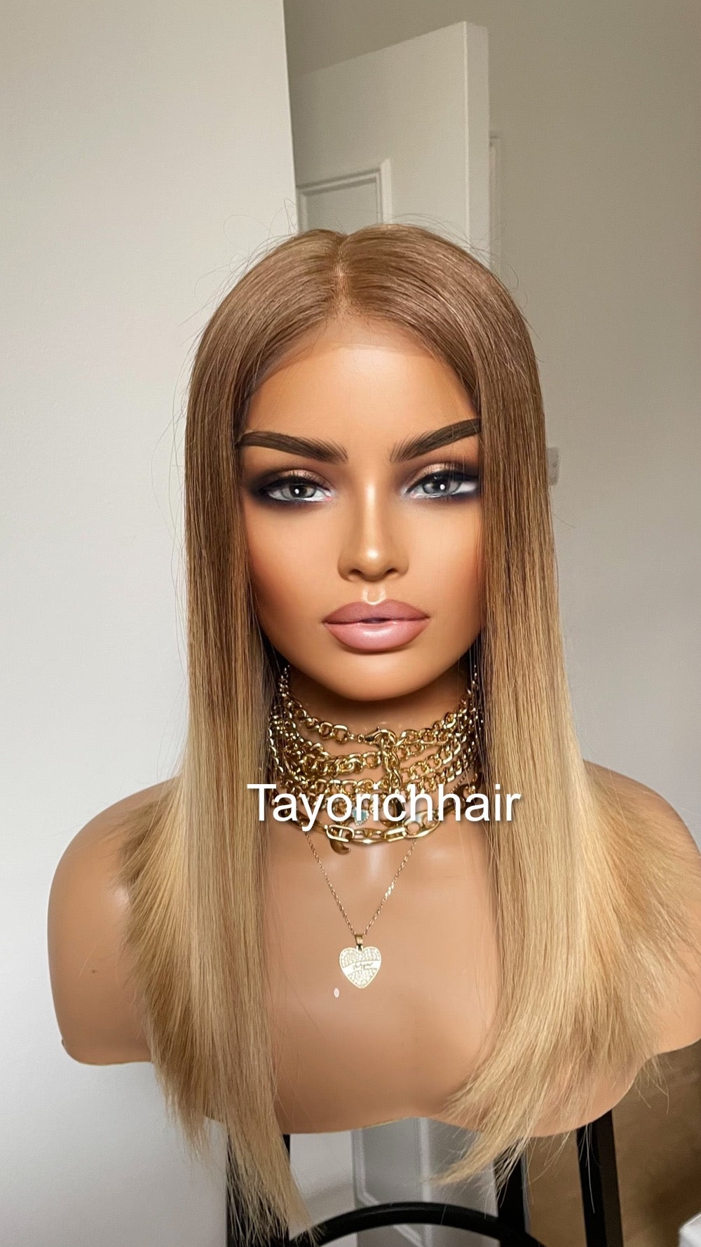Ombre Warm Blonde Lace Top Human Hair Wig•Europe Hair Wig•16 InchesLuxury Real Hair Wig•Cuticles Aligned Hair With Tiny Knots Straight Hair