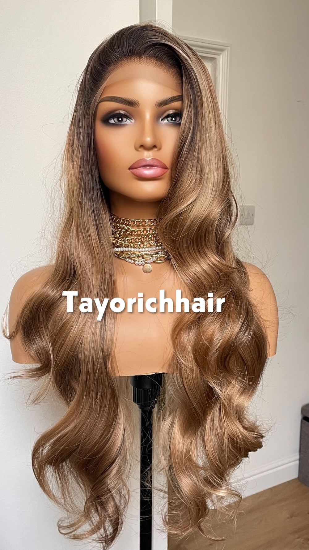 Caroline; Caramel Brown Lace Frontal Wig With Dark Roots & Lowlights