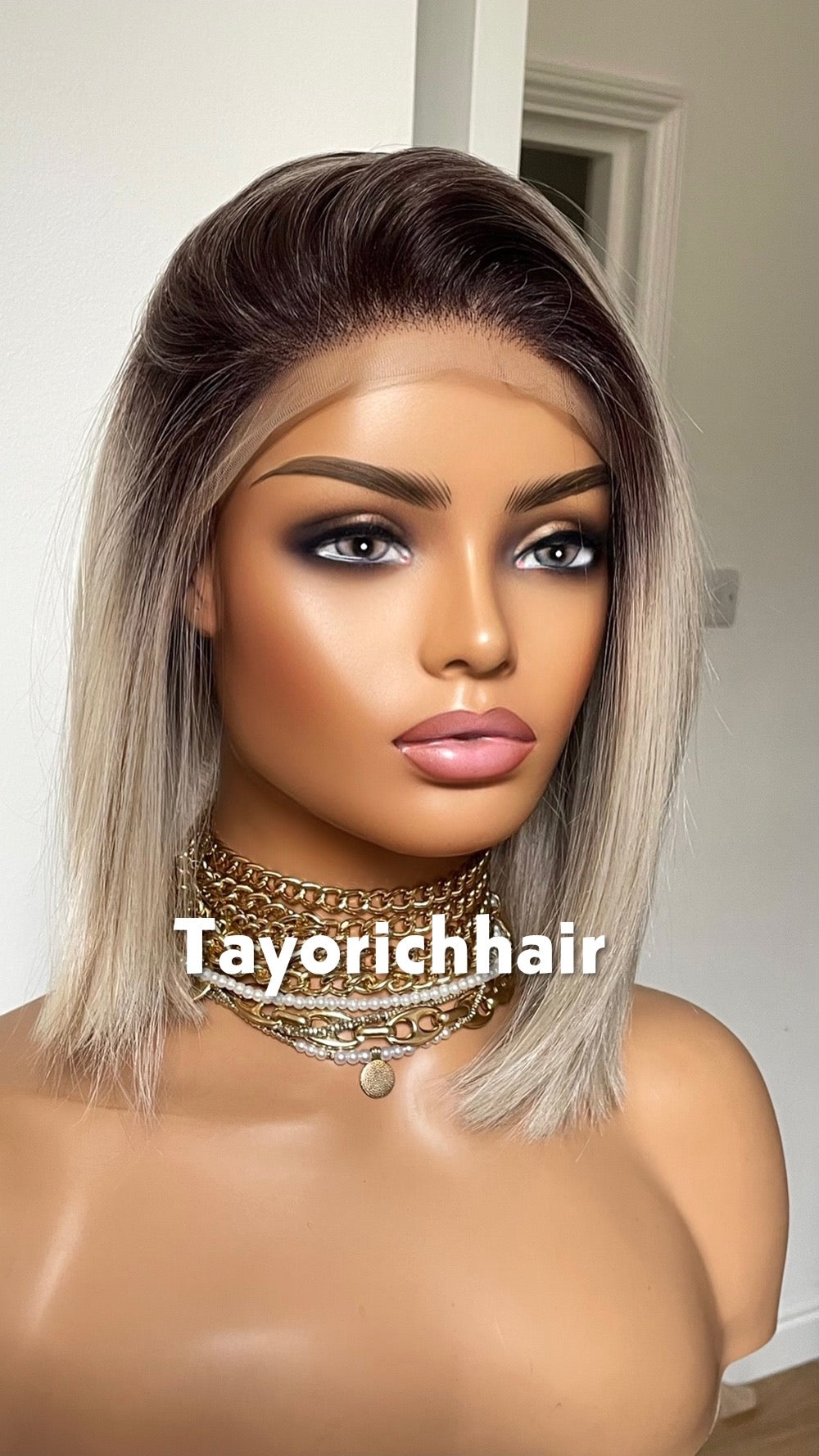 Blonde Bob Synthetic Lace Frontal Wig With Dark Roots
