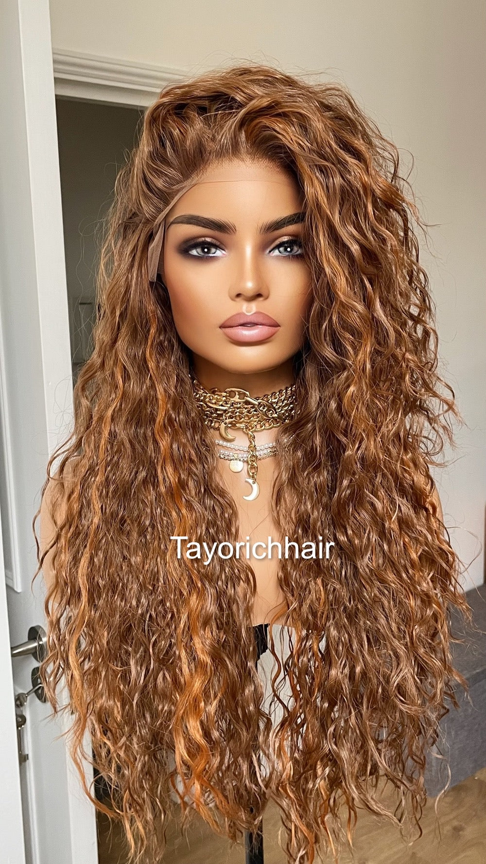 Auburn Red Curly Lace Front Wig With Red Ginger Highlights / Free Part Curly Light Weight Big Hair Wig/ Loose Curly Auburn Reddish Brown Wig
