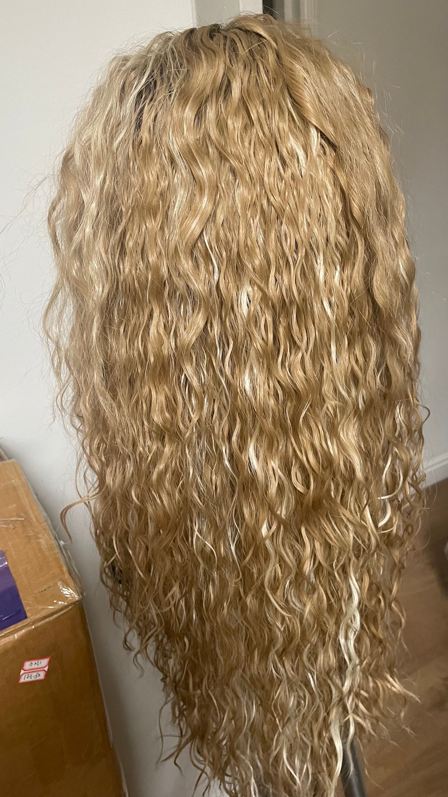 Curly Blonde Lace Front Wig With Streaks And Dark Roots/Light Weight Wig For Daily Wear/ Big Blonde Full Curly Synthetic Lace Wig/ Small Cap