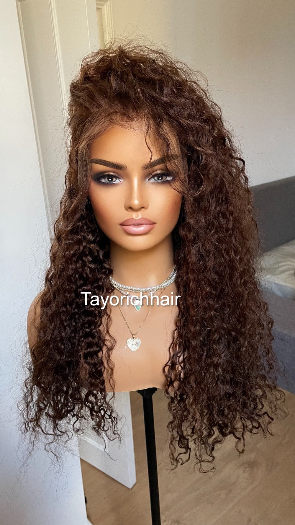 Brunette Brown Human Hair Wig/ Brown Curly Real Hair Wig For Women/ 100 % Human Hair.