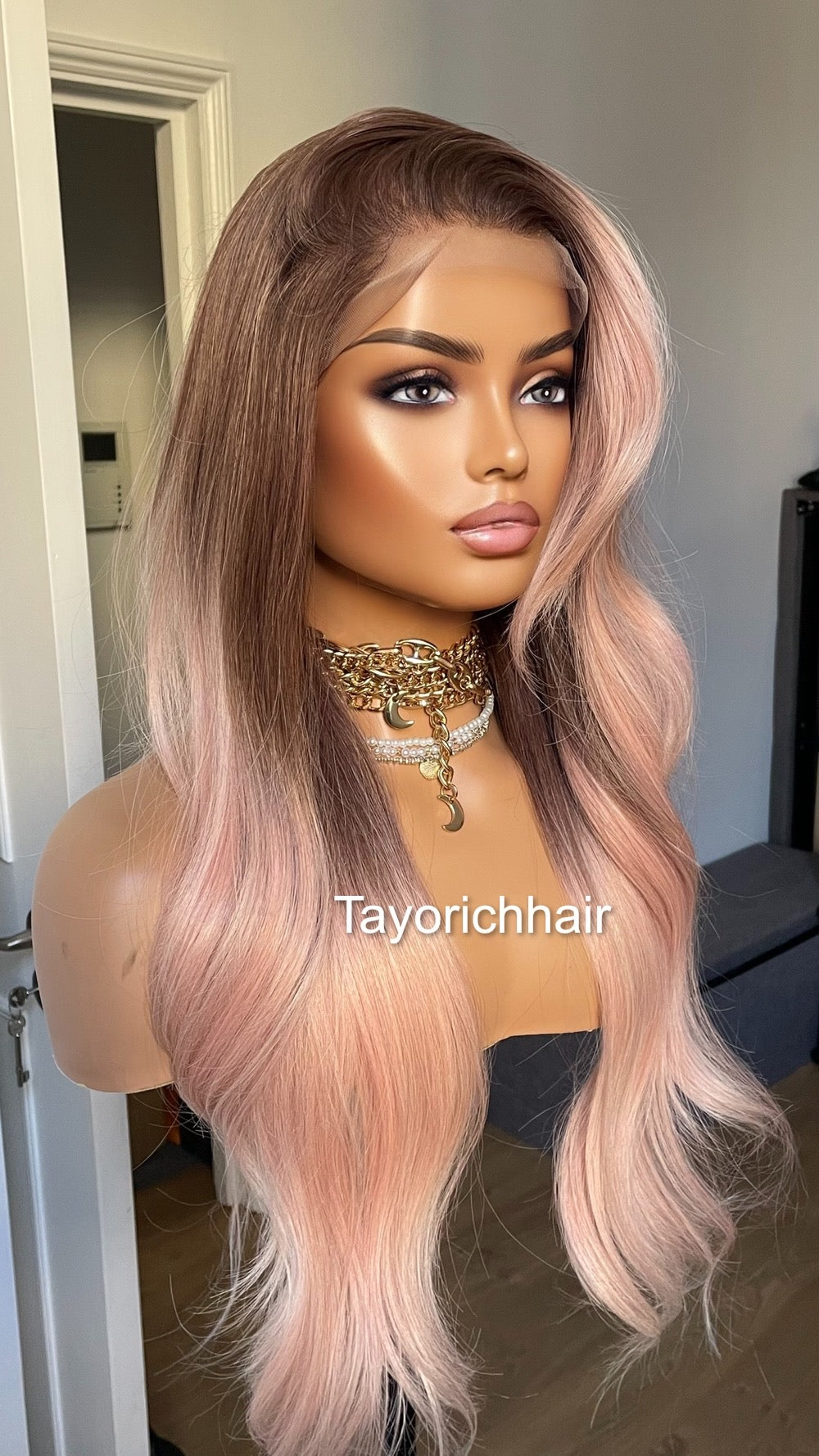 Ombre Baby Pink Lace Frontal Wig With Dark Brown Roots/ 13 by 6 Wide Lace Frontal/Pink Synthetic Wig/ Pink Wavy Hair wig By Tayorichhair