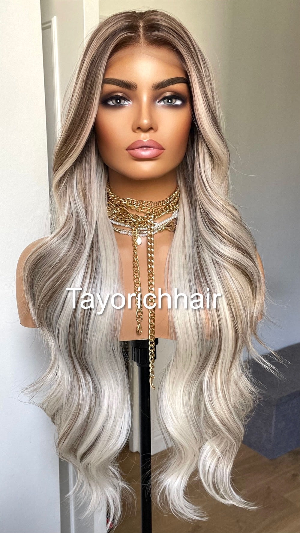 Blonde And Brown Mix Lace Wig/Heat Friendly Synthetic Wigs For Women/Platinum Blonde And Dark Brown Wavy Long Hair Wig By Tayorichhair