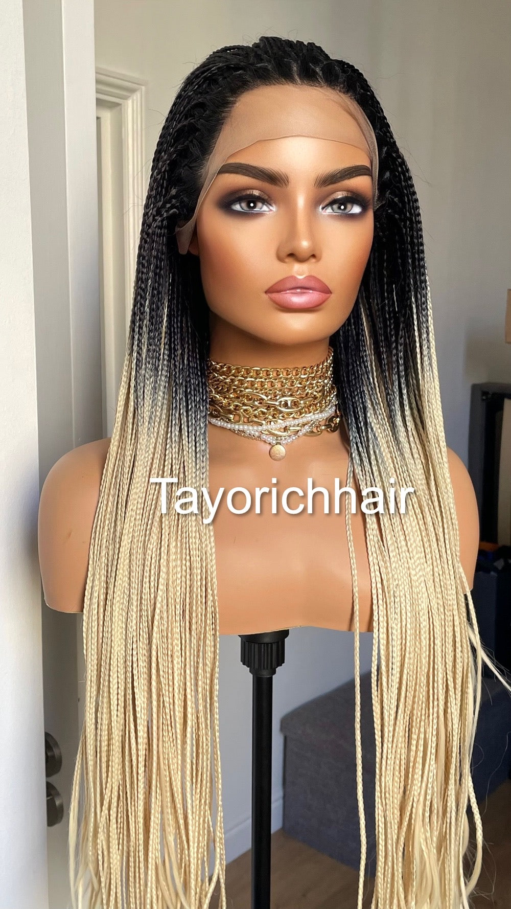Ombré Braided Lace Wig Blonde And Black Braids/ Extra Long Synthetic Braids 28 Inches/READY FOR SHIPPING